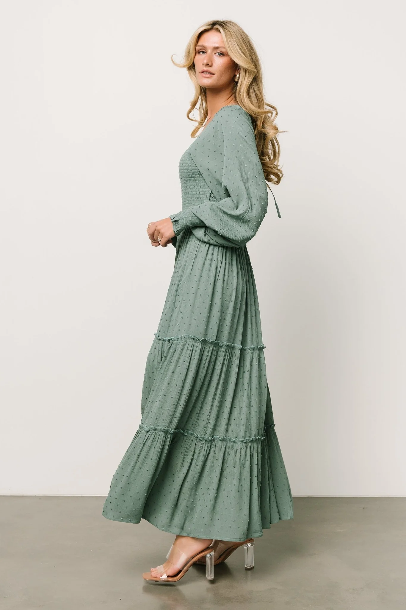 Bayley Smocked Dotted Maxi Dress | Dark Eucalyptus