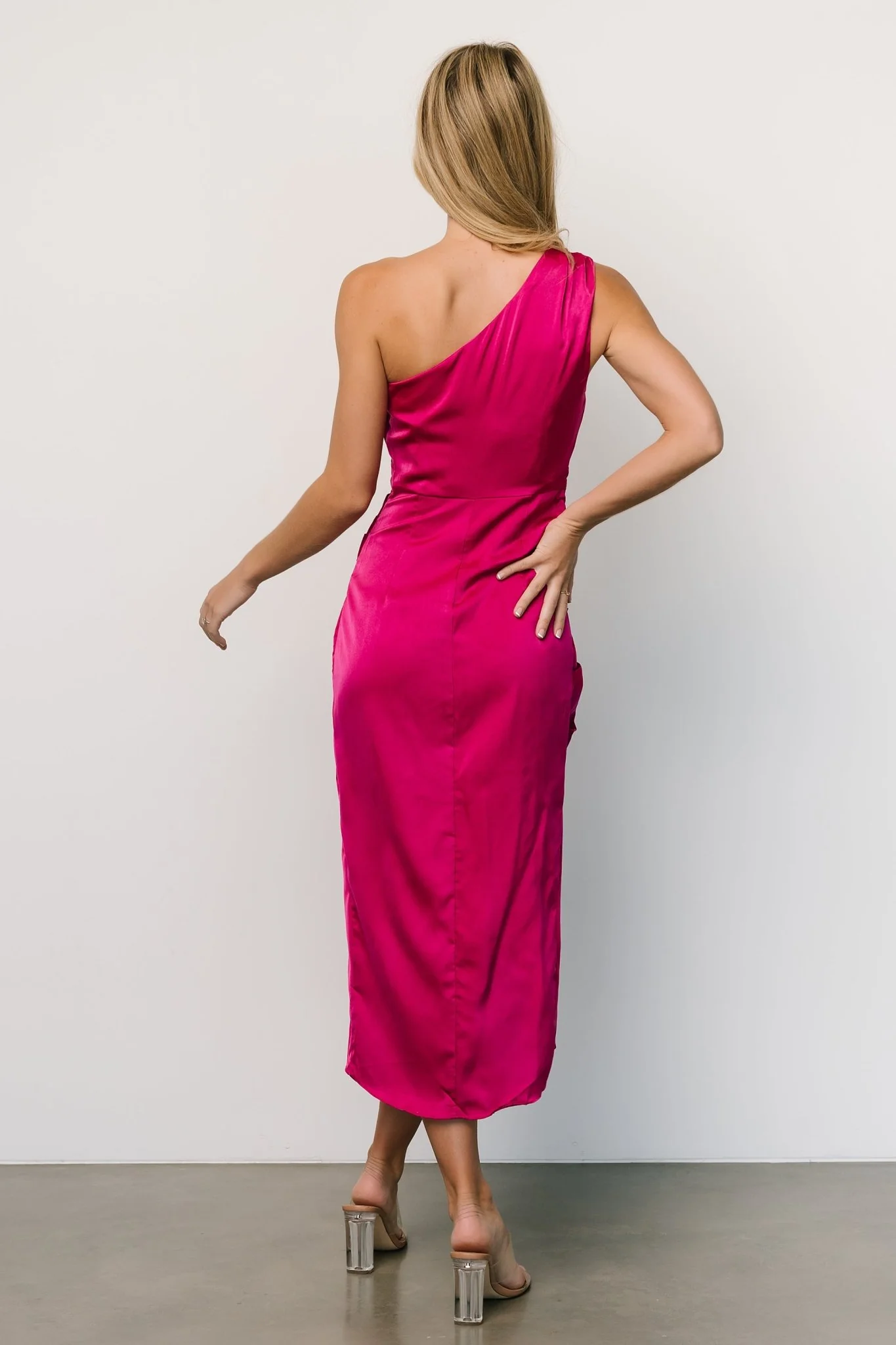 Melissa One Shoulder Midi Dress | Fuchsia