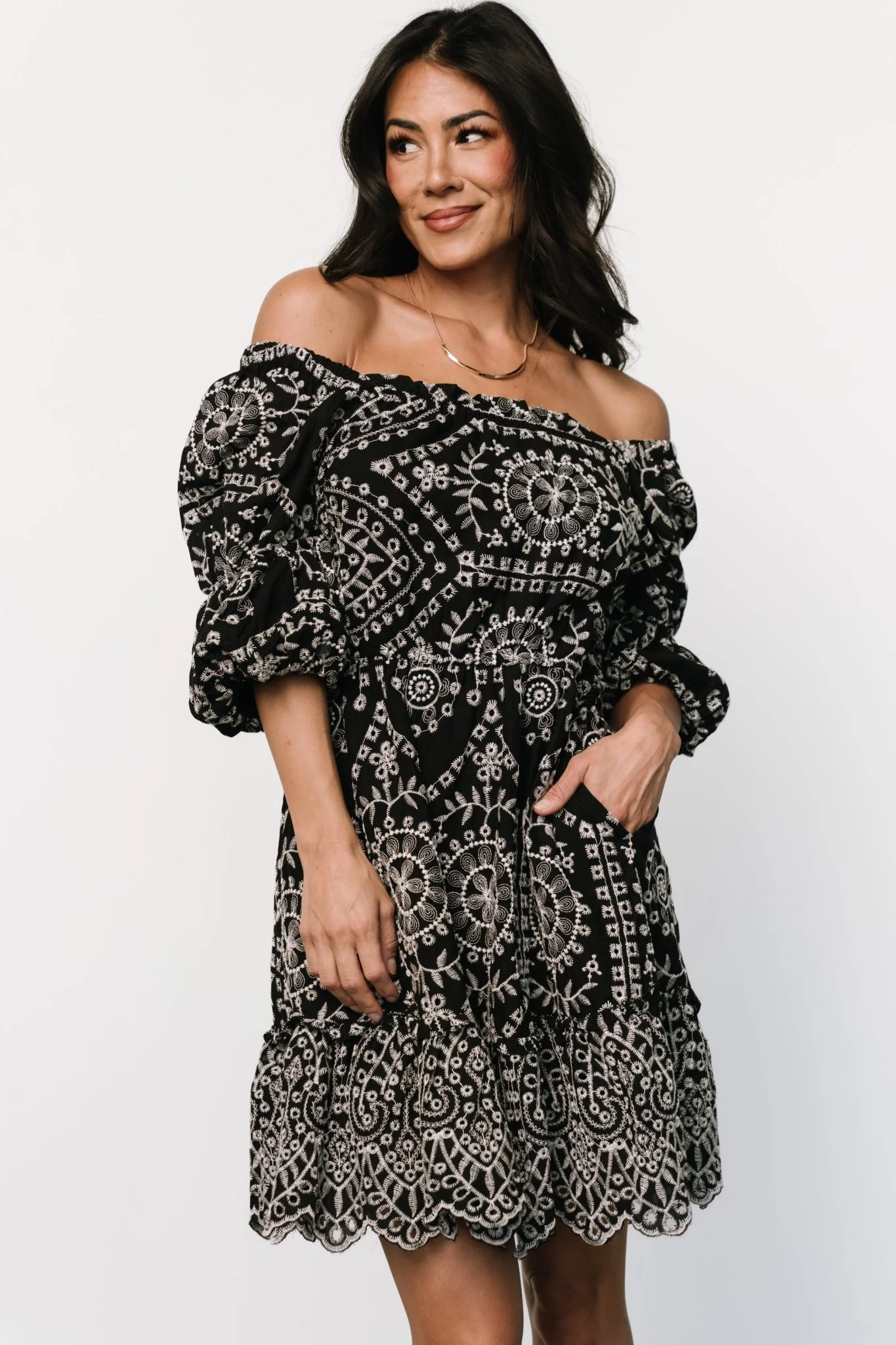 Katina Embroidered Short Dress | Black + White