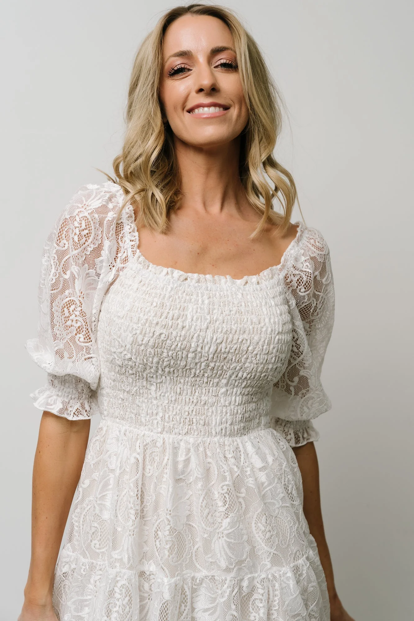Tate Smocked Lace Short Dress | Off White