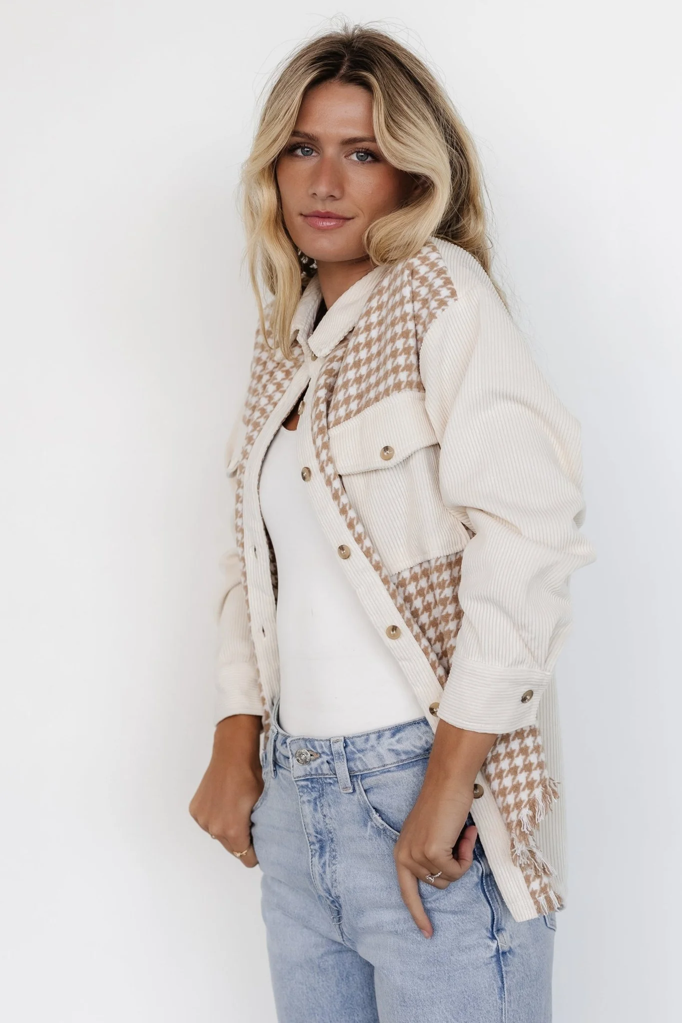 Montreal Houndstooth Shacket | Taupe + Ivory