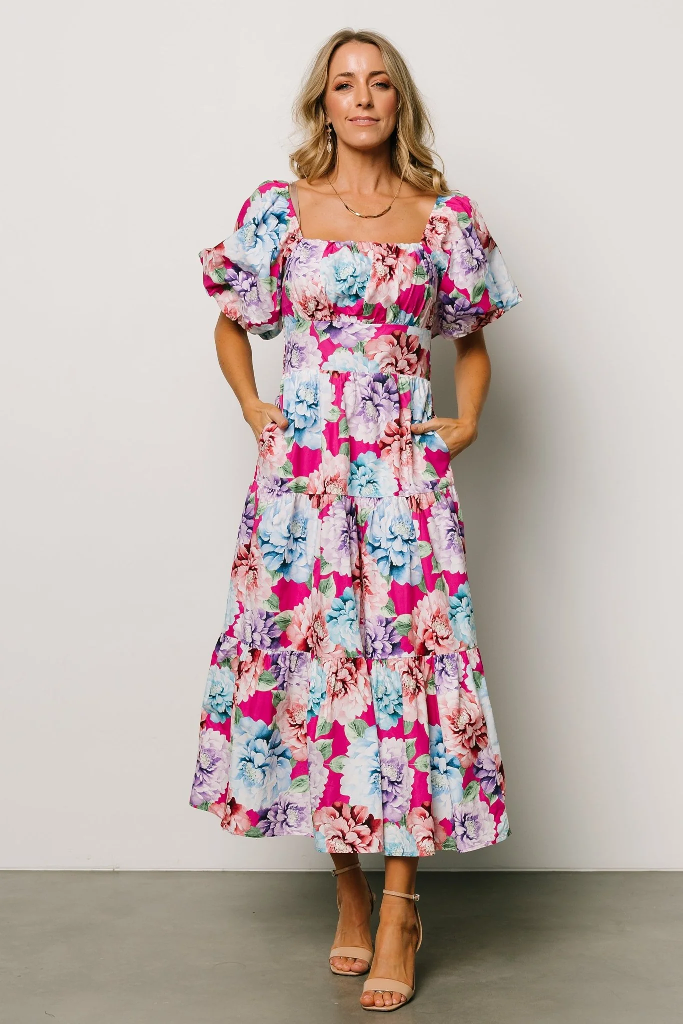 Iva Puff Sleeve Midi Dress | Fuchsia Multi Floral