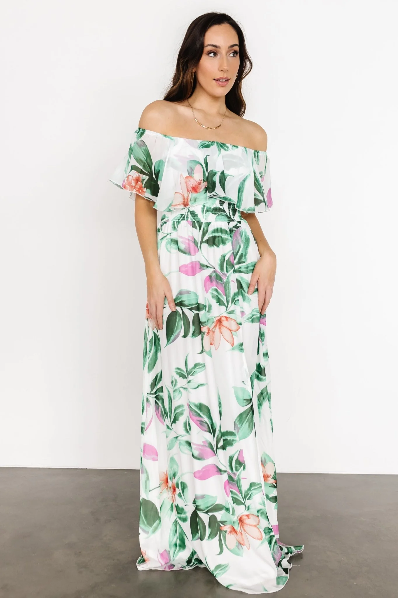 Daphne Off Shoulder Maxi Dress | White + Green Multi Floral