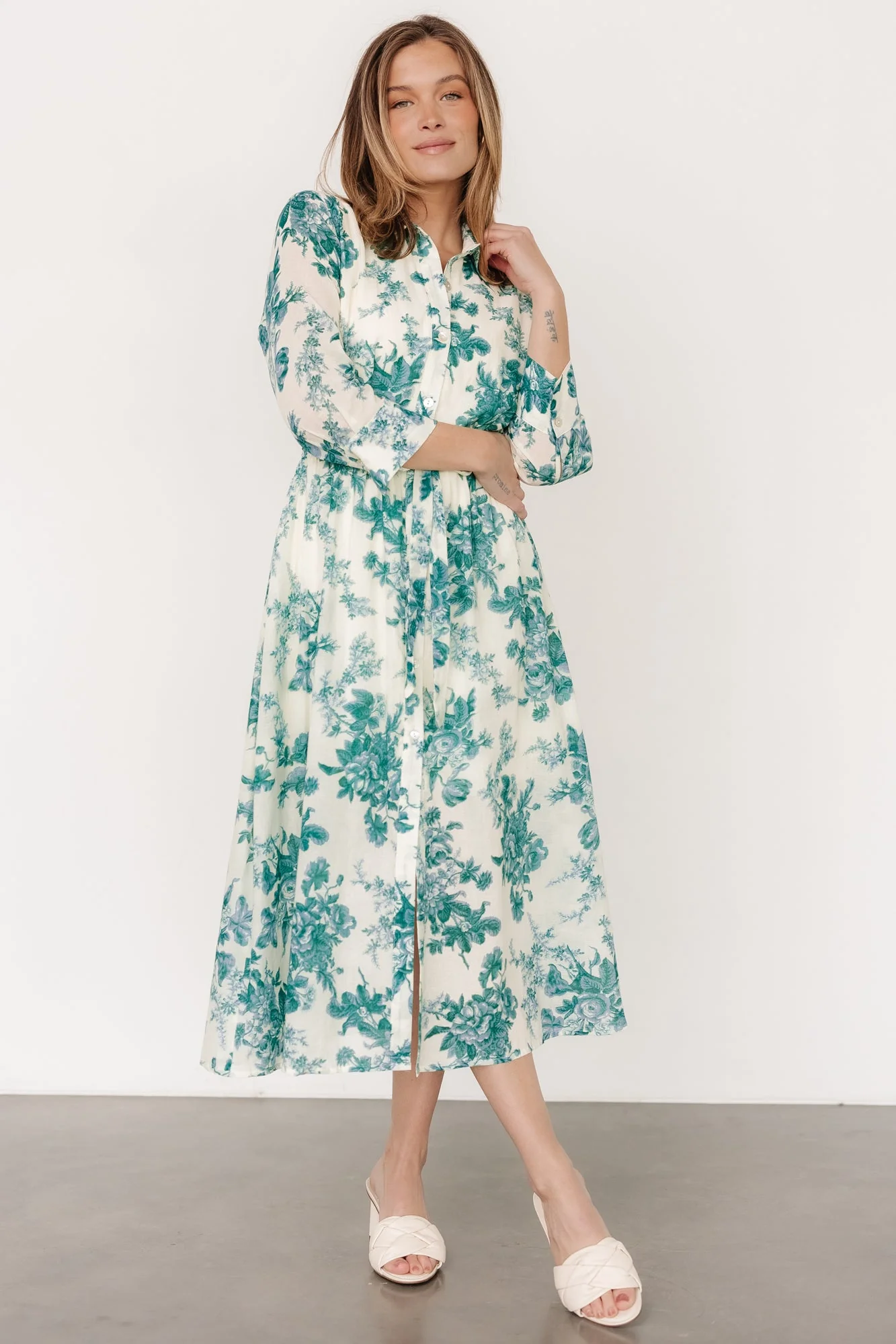 Eunice Button Midi Dress | Cream + Green Floral
