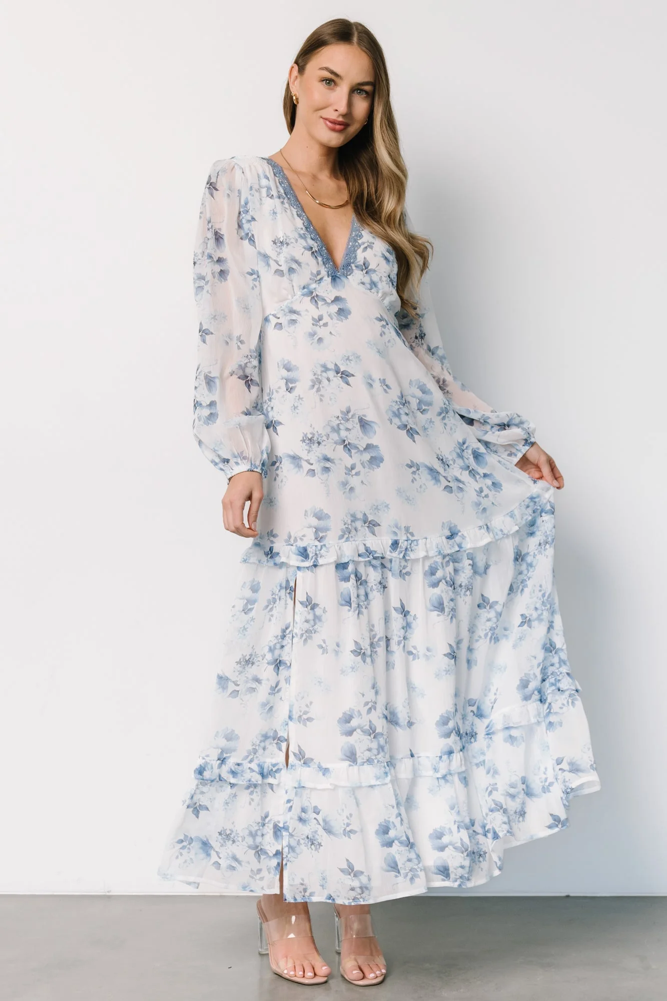 Rumi Deep V Maxi Dress | Off White + Blue Floral