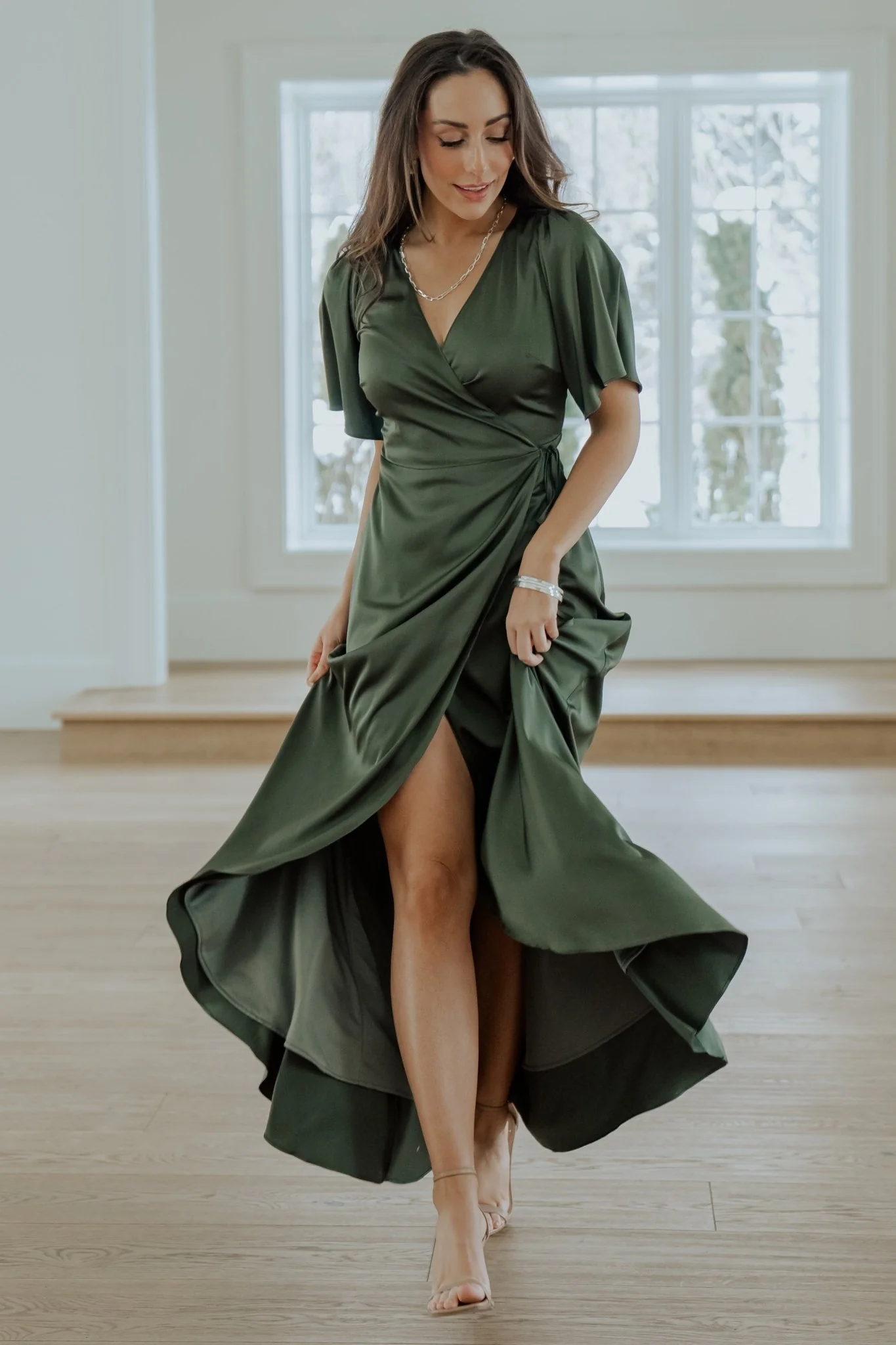 Vara Satin Maxi Wrap Dress | Juniper Green
