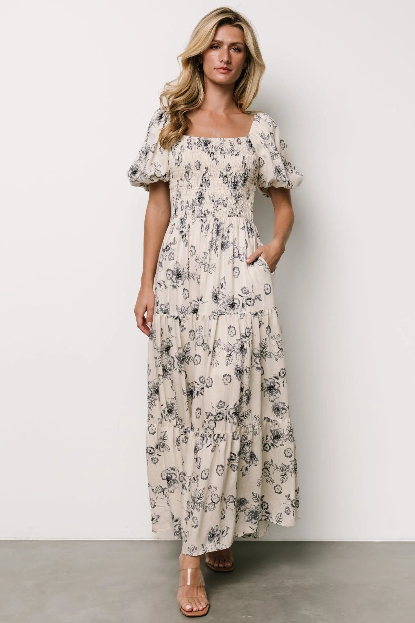 Susanna Smocked Maxi Dress | Ivory + Blue Floral