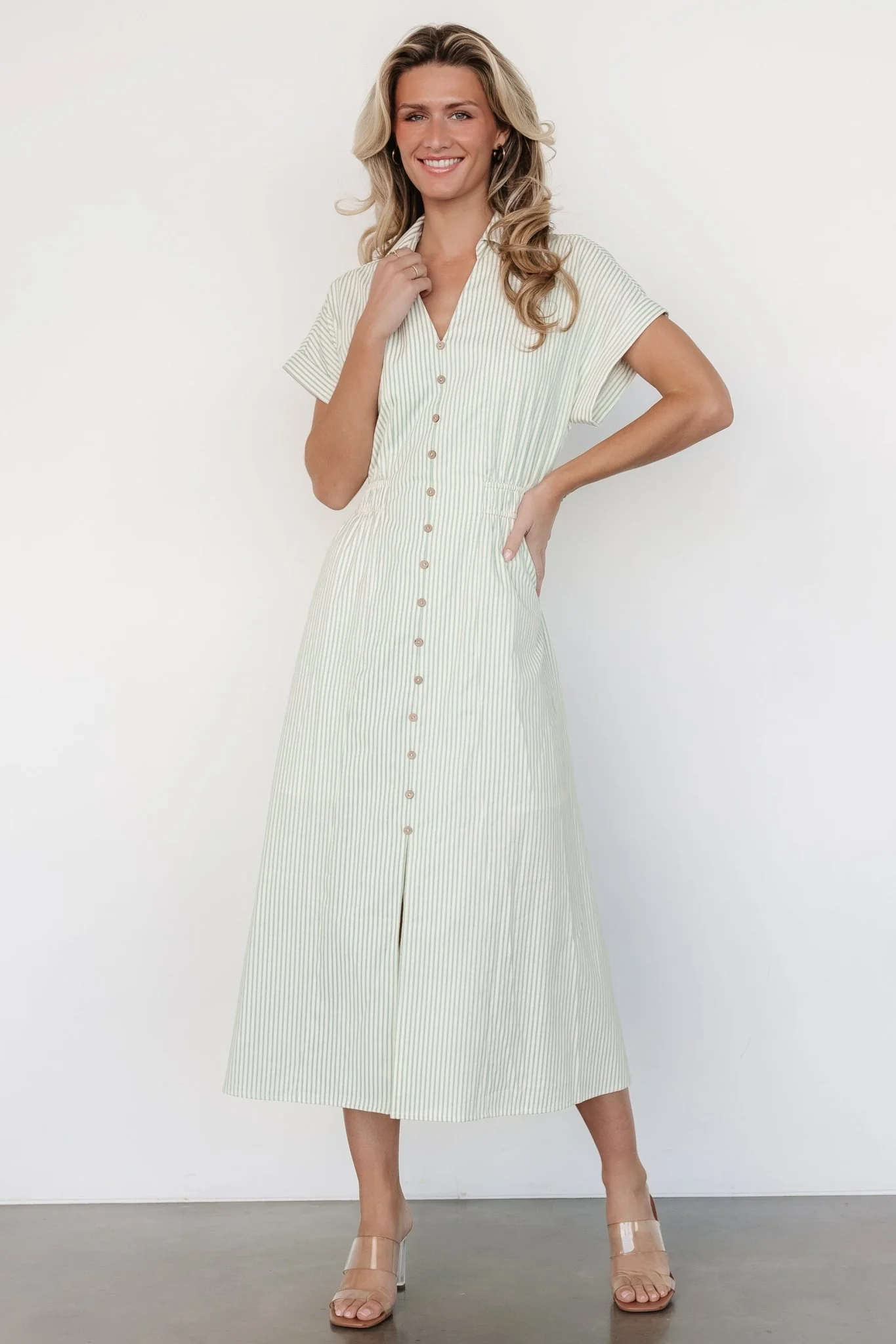 Larah Button Dress | Sage Stripe
