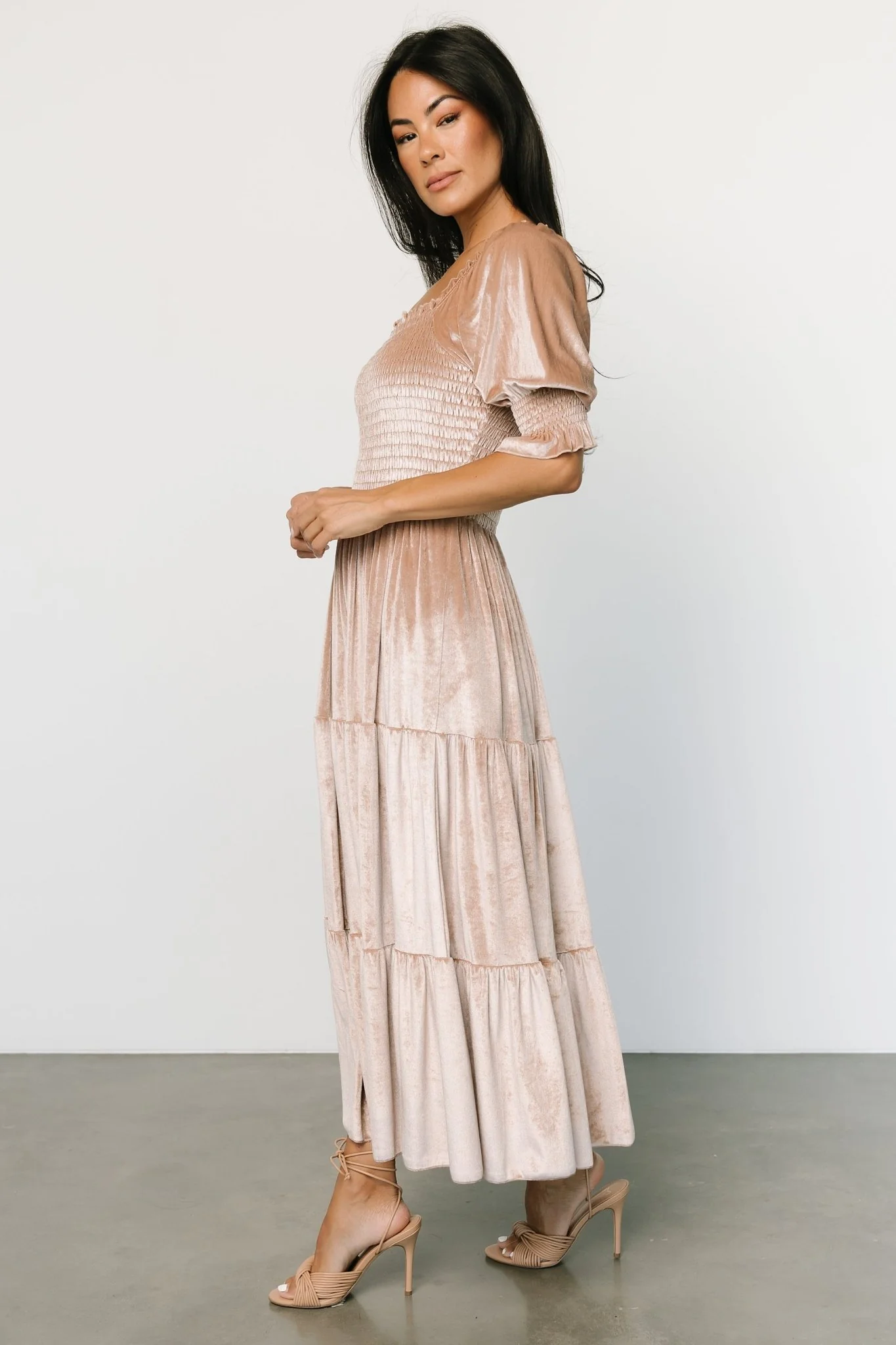 Vivaldi Smocked Velvet Midi Dress | Champagne