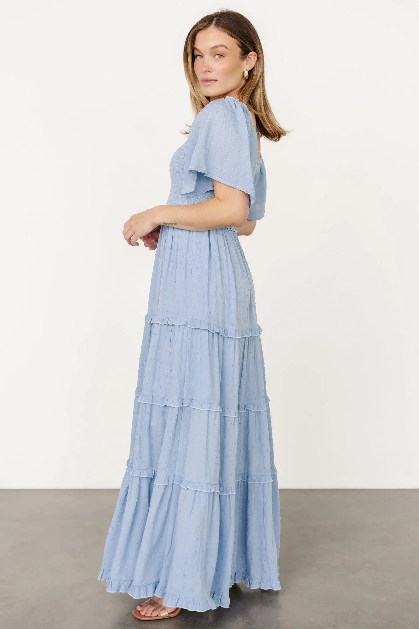 Lenora Smocked Dotted Maxi Dress | Dusty Blue