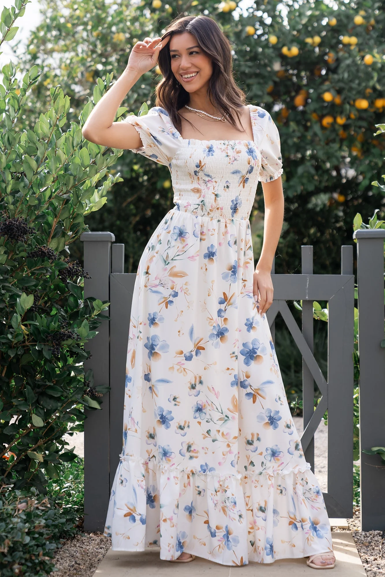 Capri Smocked Maxi Dress | White Multi Print