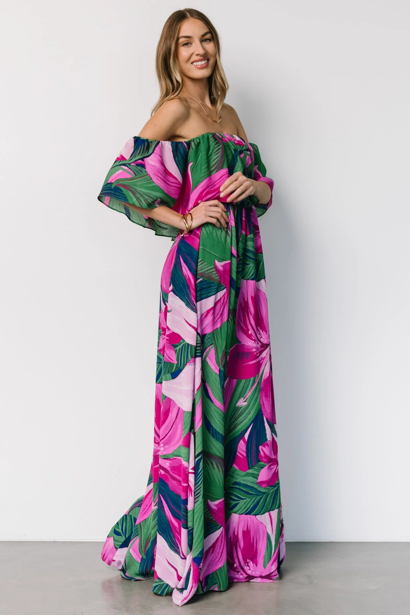 Azalea Off Shoulder Maxi Dress | Green + Fuchsia Floral