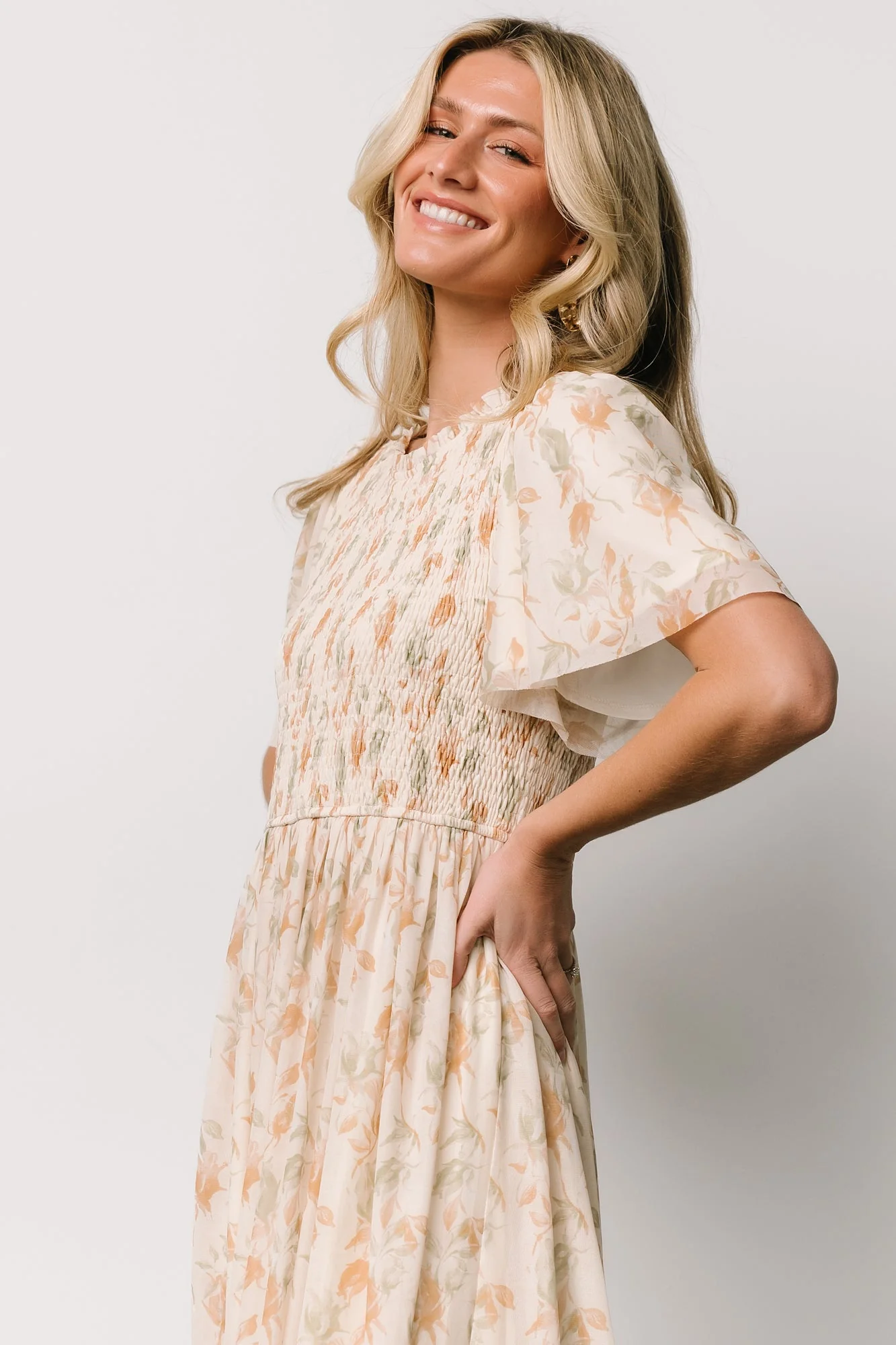 Bailey Smocked Midi Dress | Ivory + Golden Floral