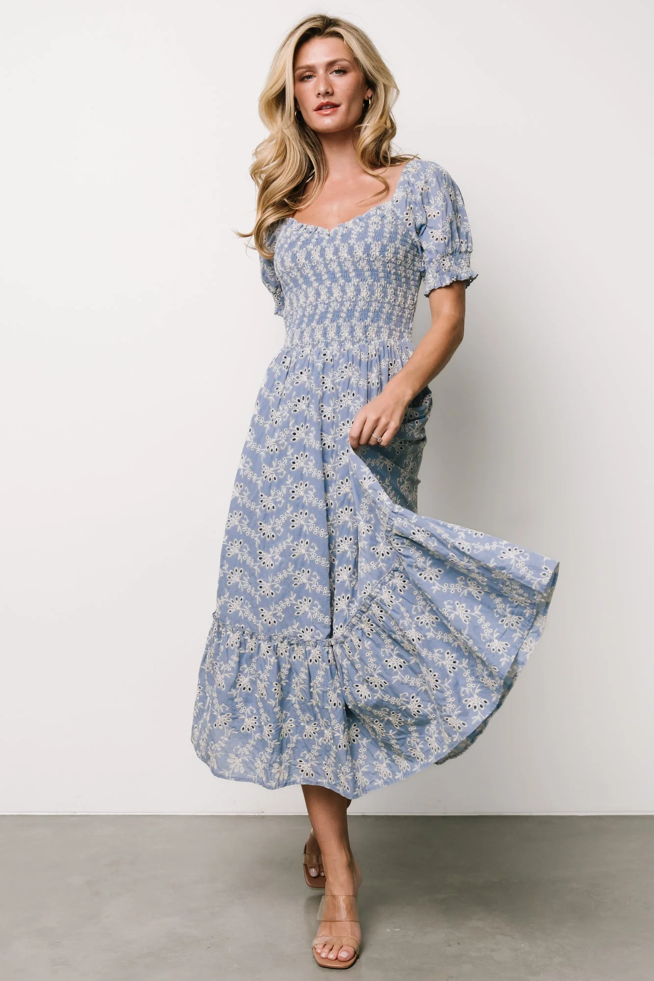 Piper Eyelet Midi Dress | Blue + Ivory