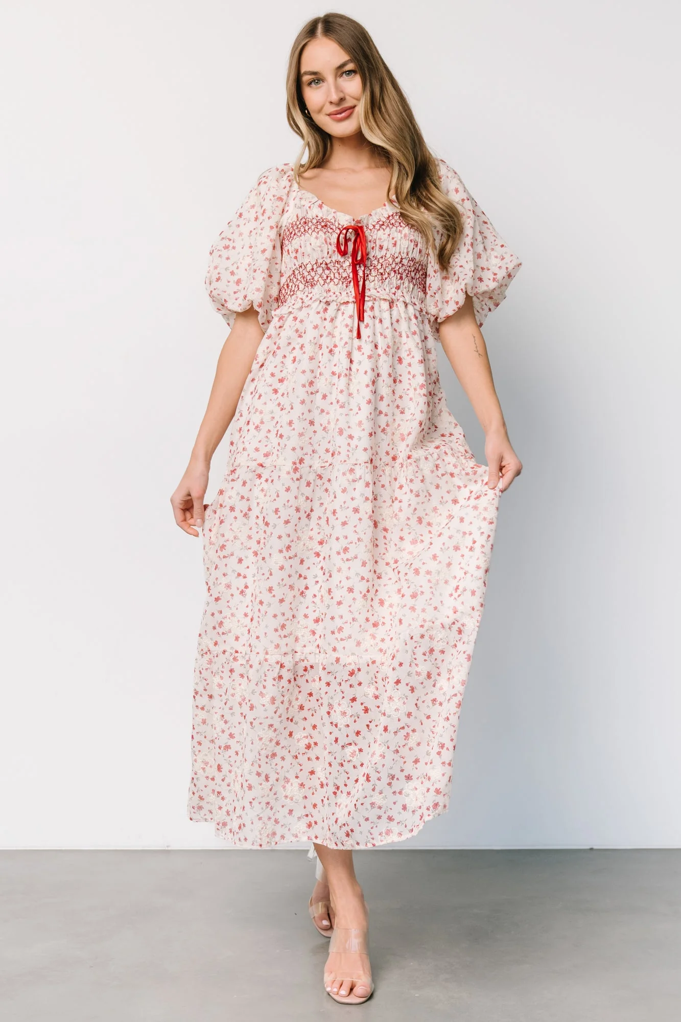 Hollie Smocked Dress | Cream + Red Floral