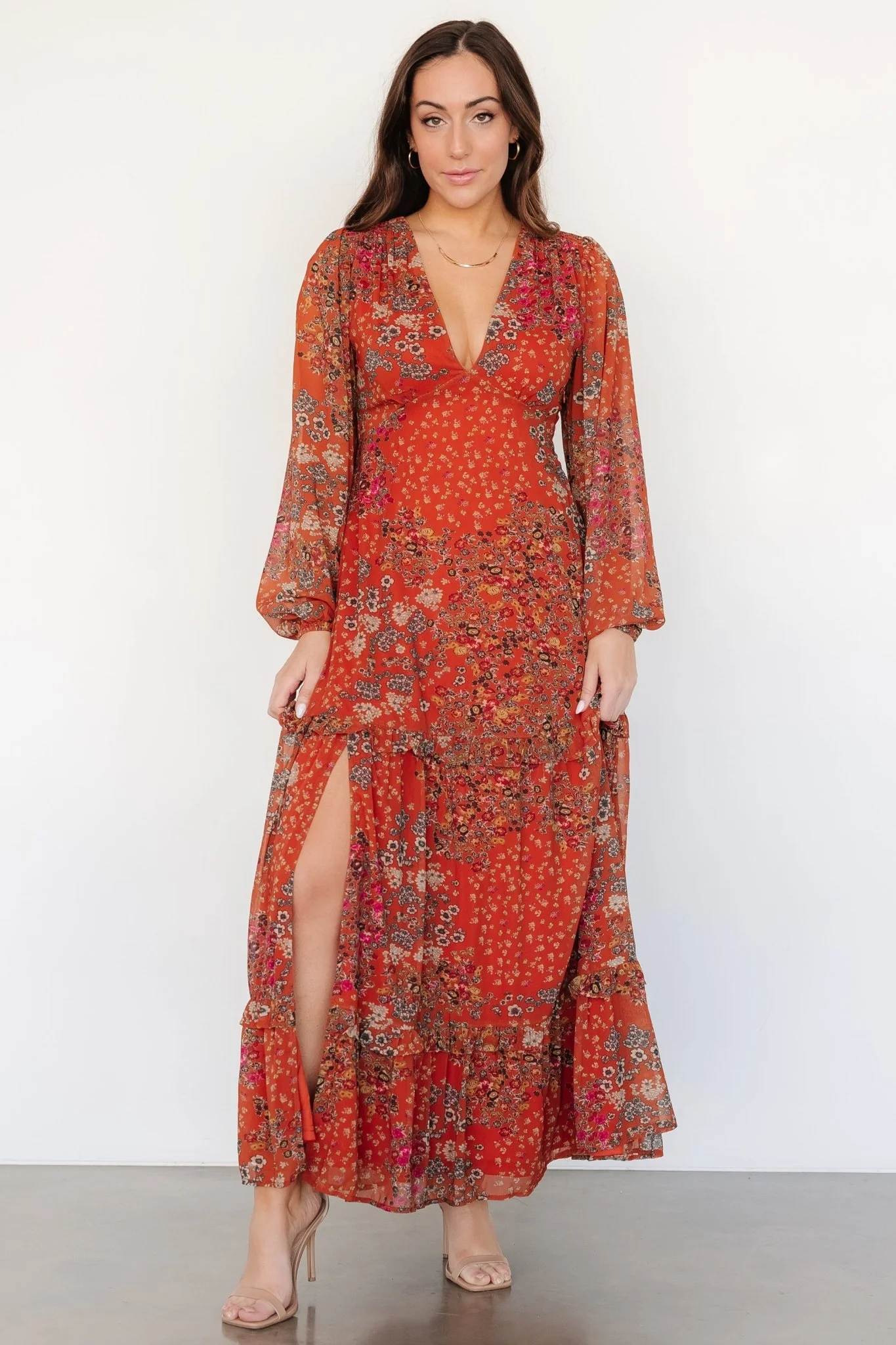 Bowman Deep V Maxi Dress | Rust Multi