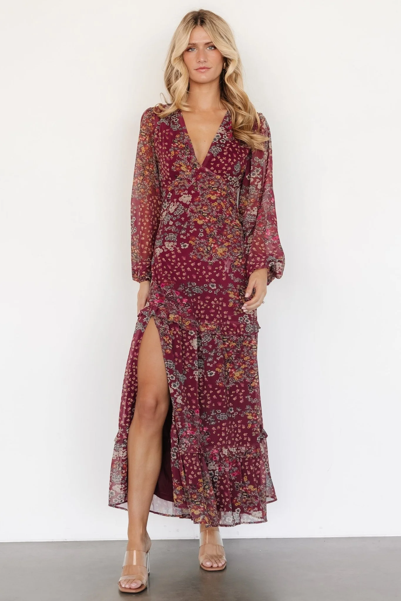 Bowman Deep V Maxi Dress | Burgundy Multi
