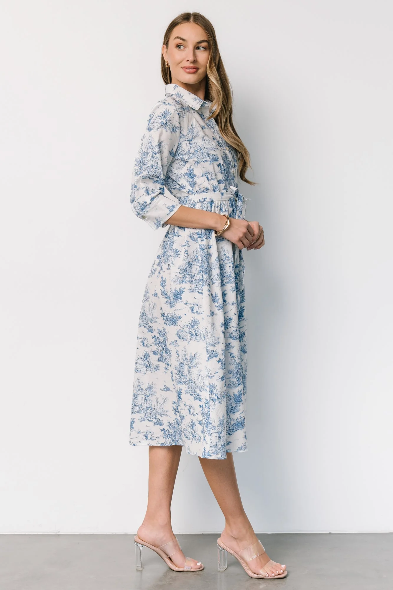 Chantelle Button Midi Dress | Off White + Blue Print