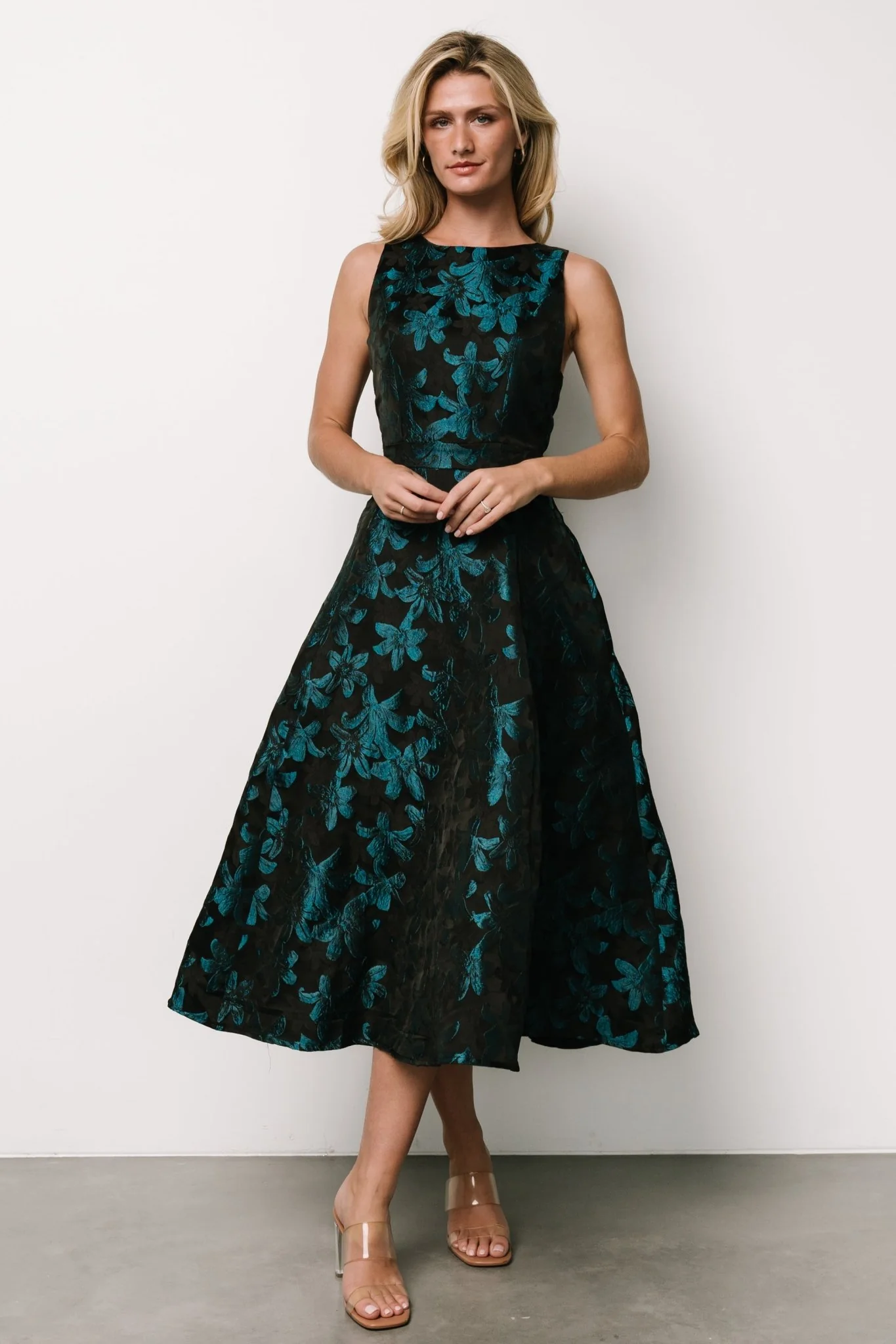 Maren Embossed Midi Dress | Black + Teal Floral