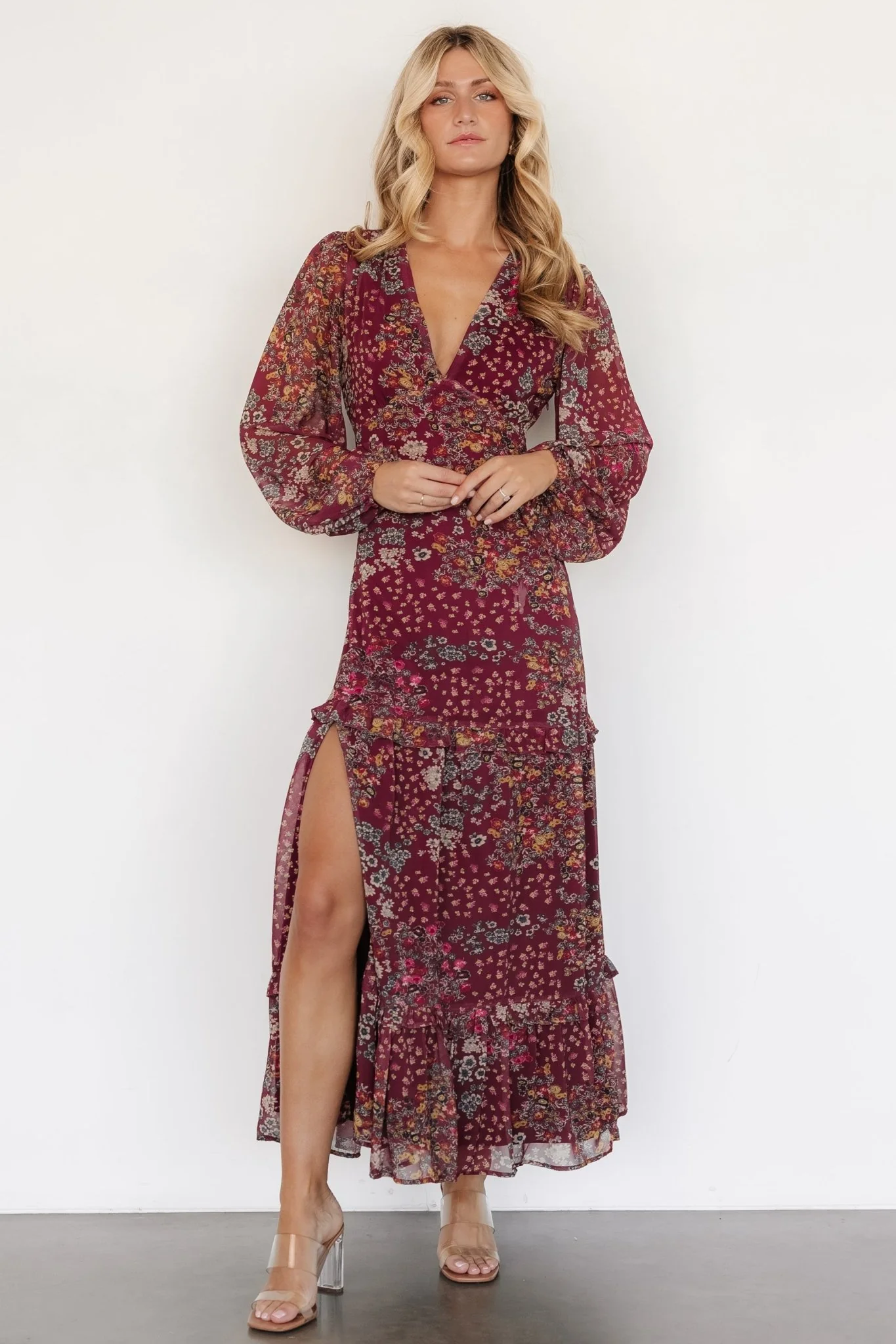 Bowman Deep V Maxi Dress | Burgundy Multi