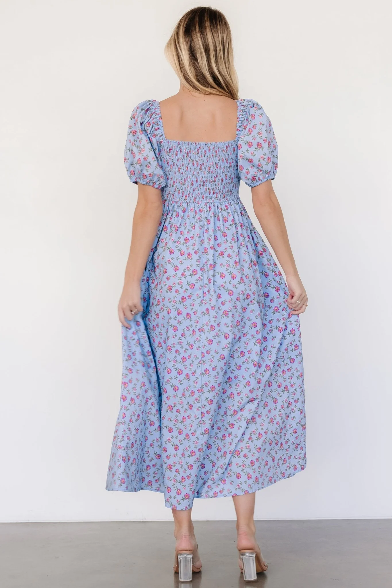 Haddie Smocked Midi Dress | Light Blue + Rose Floral