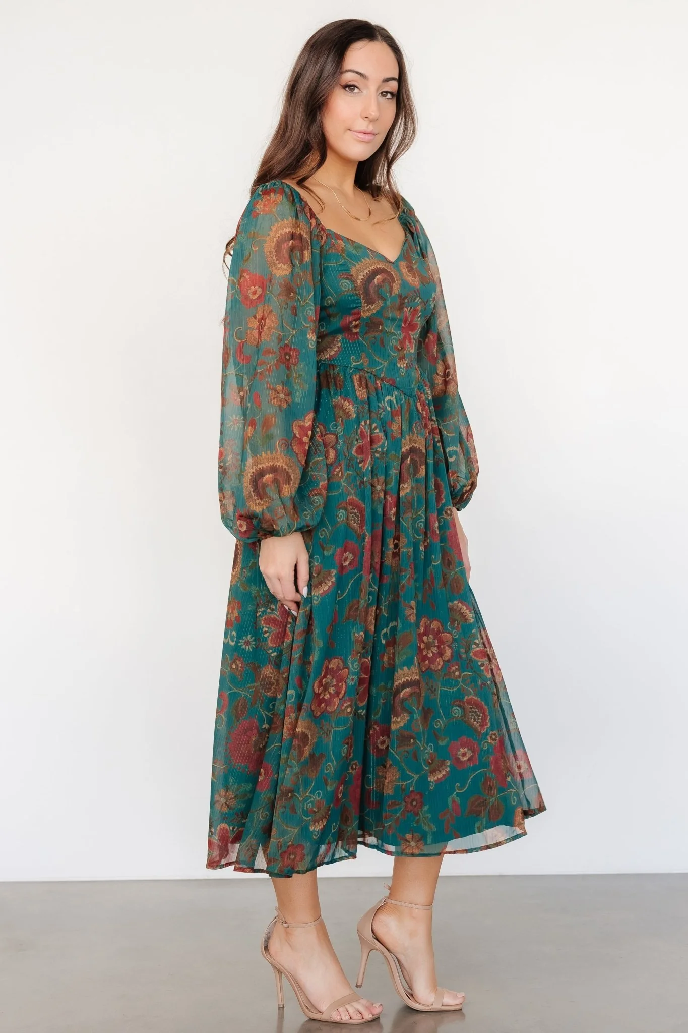 Babette Basque Waist Dress | Teal Multi Floral