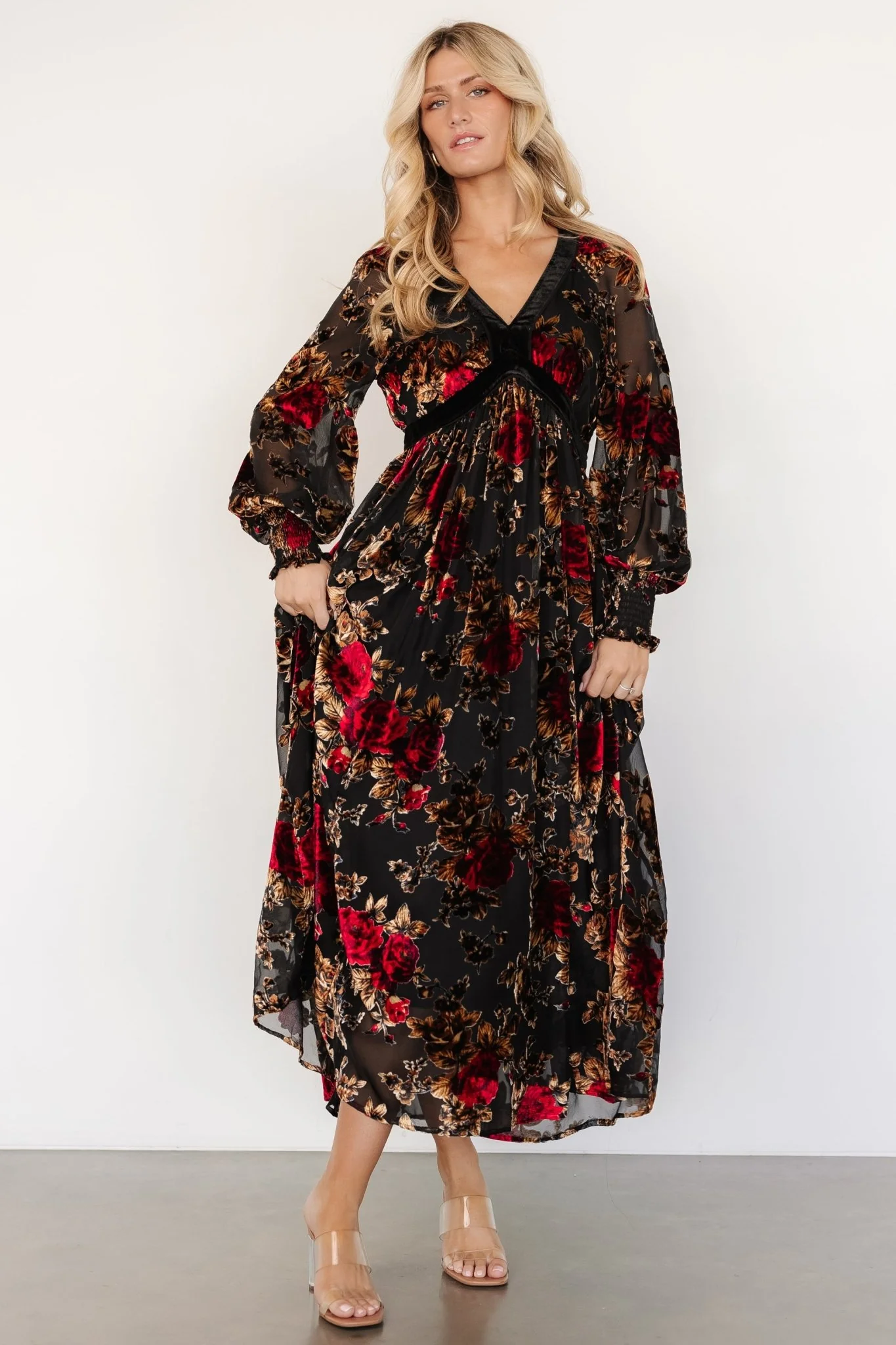 Adele Velvet Dress | Black + Rose Floral