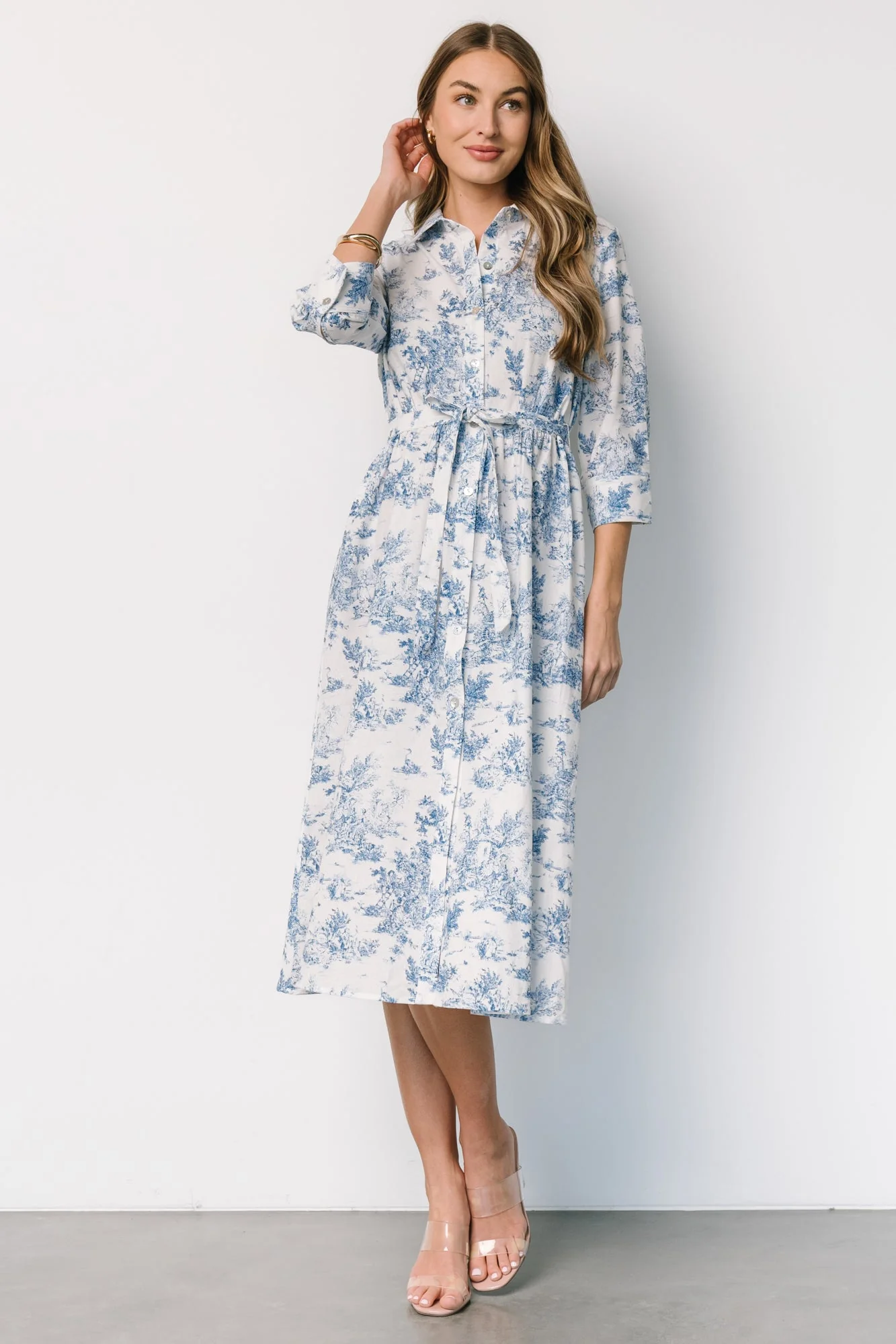Chantelle Button Midi Dress | Off White + Blue Print