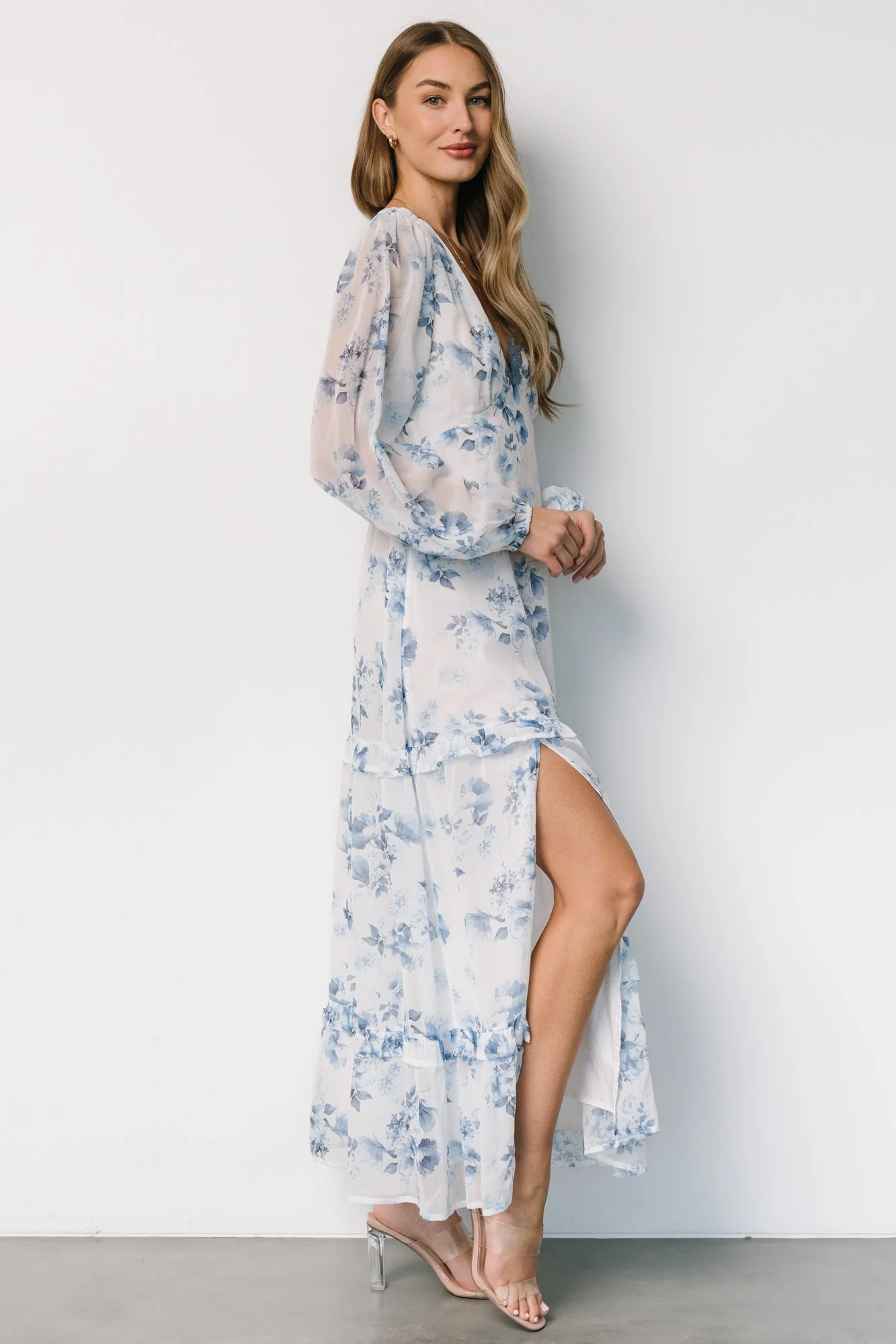 Rumi Deep V Maxi Dress | Off White + Blue Floral