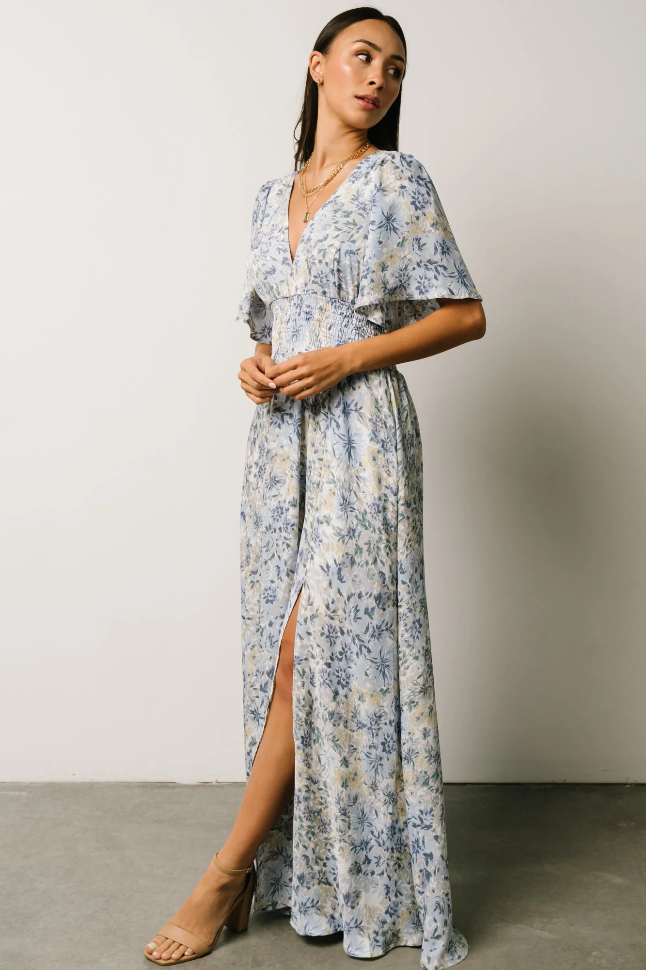Verona Smocked Maxi Dress | White + Blue Print