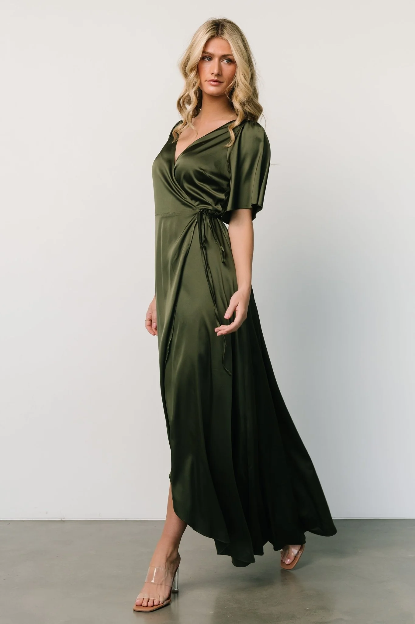 Vara Satin Maxi Wrap Dress | Juniper Green
