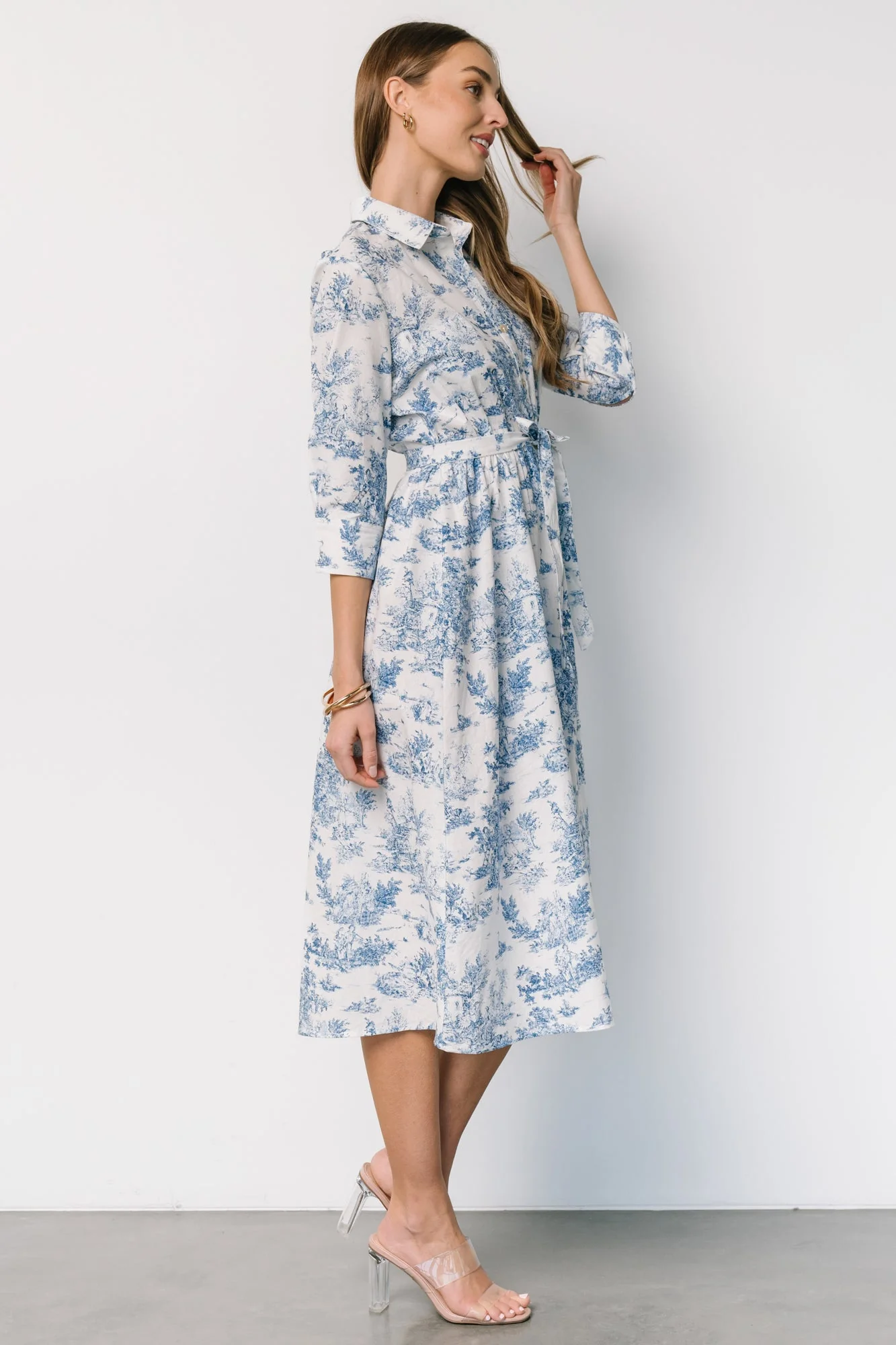 Chantelle Button Midi Dress | Off White + Blue Print