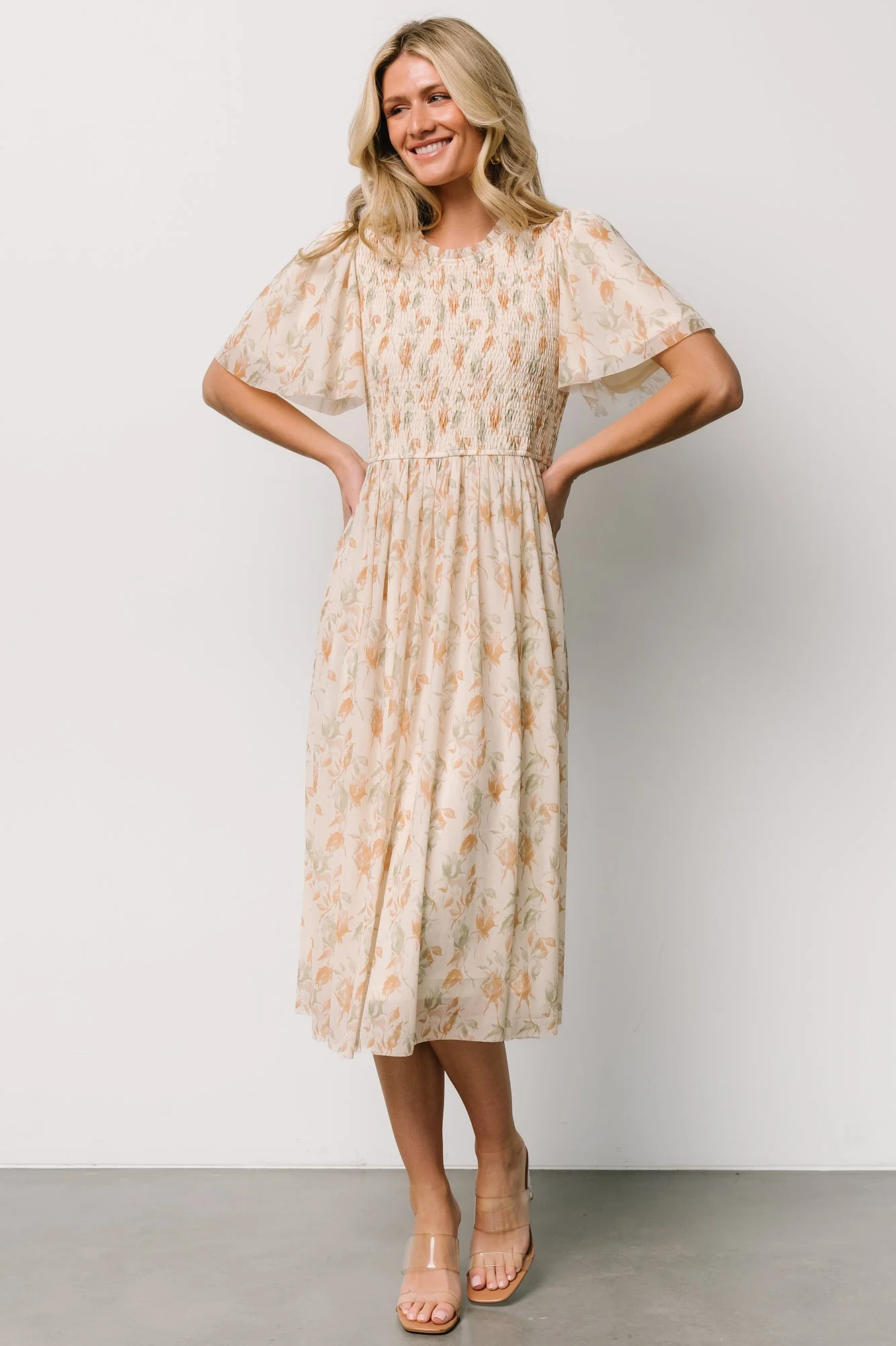 Bailey Smocked Midi Dress | Ivory + Golden Floral