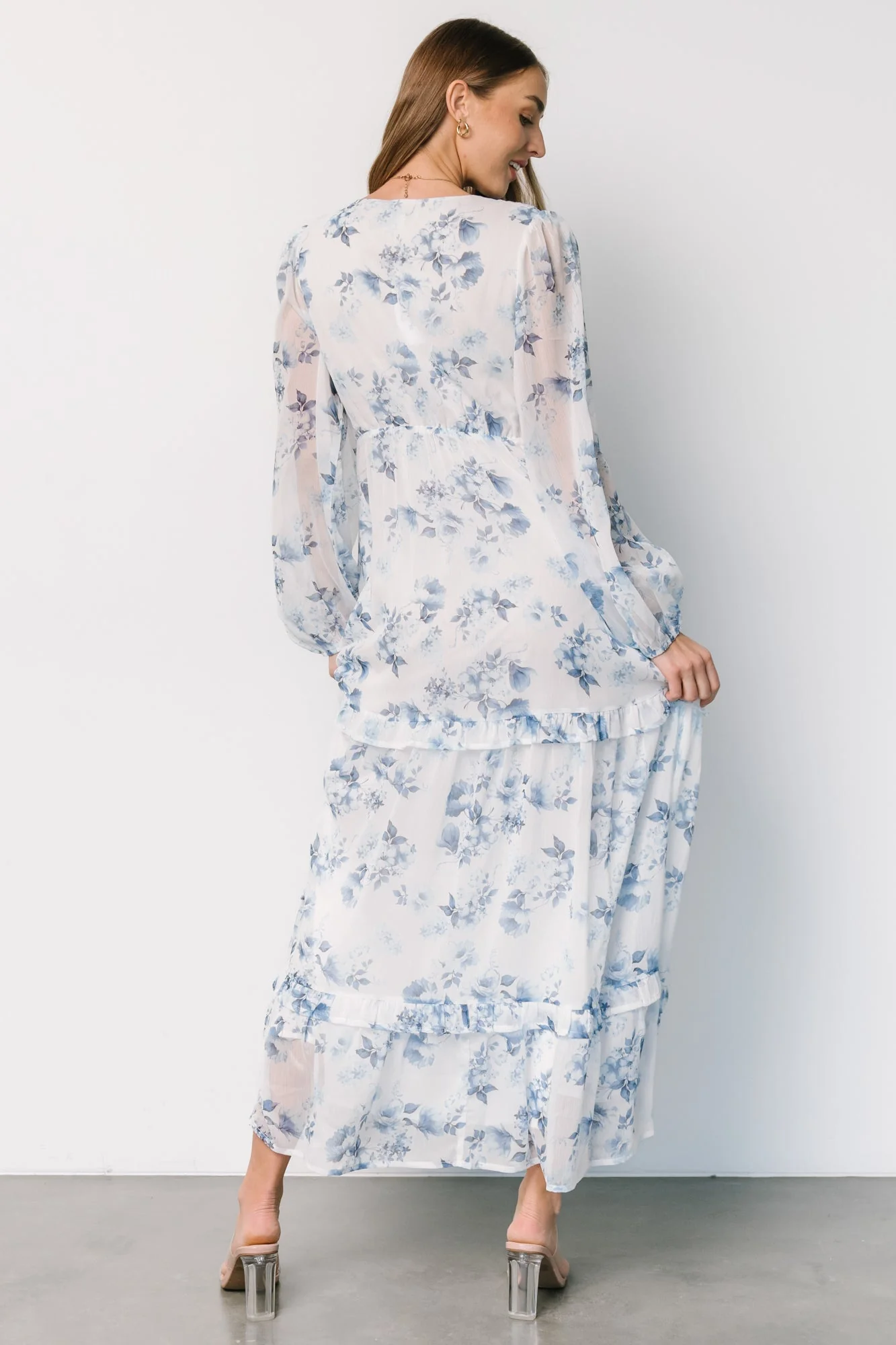 Rumi Deep V Maxi Dress | Off White + Blue Floral