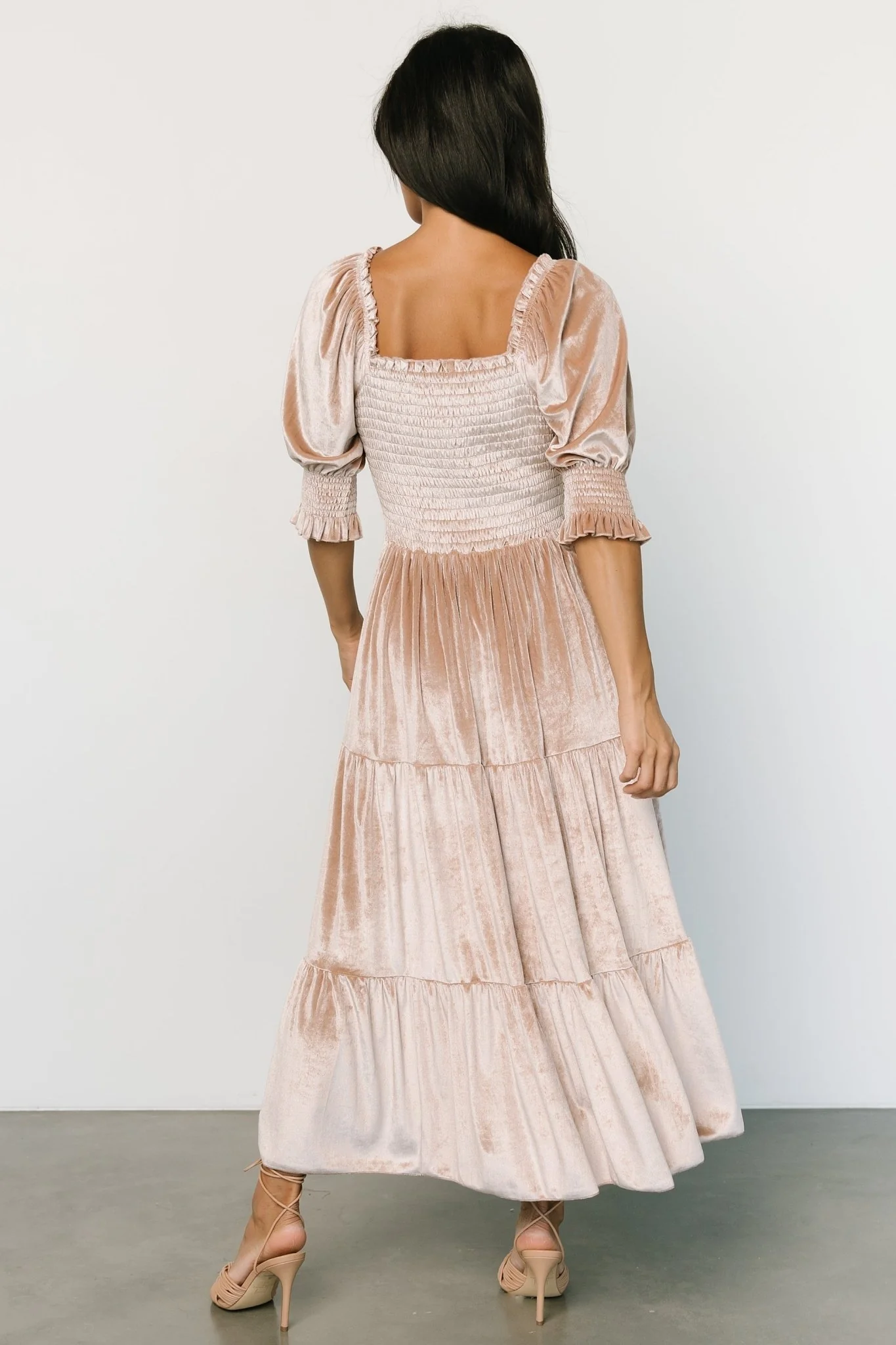 Vivaldi Smocked Velvet Midi Dress | Champagne