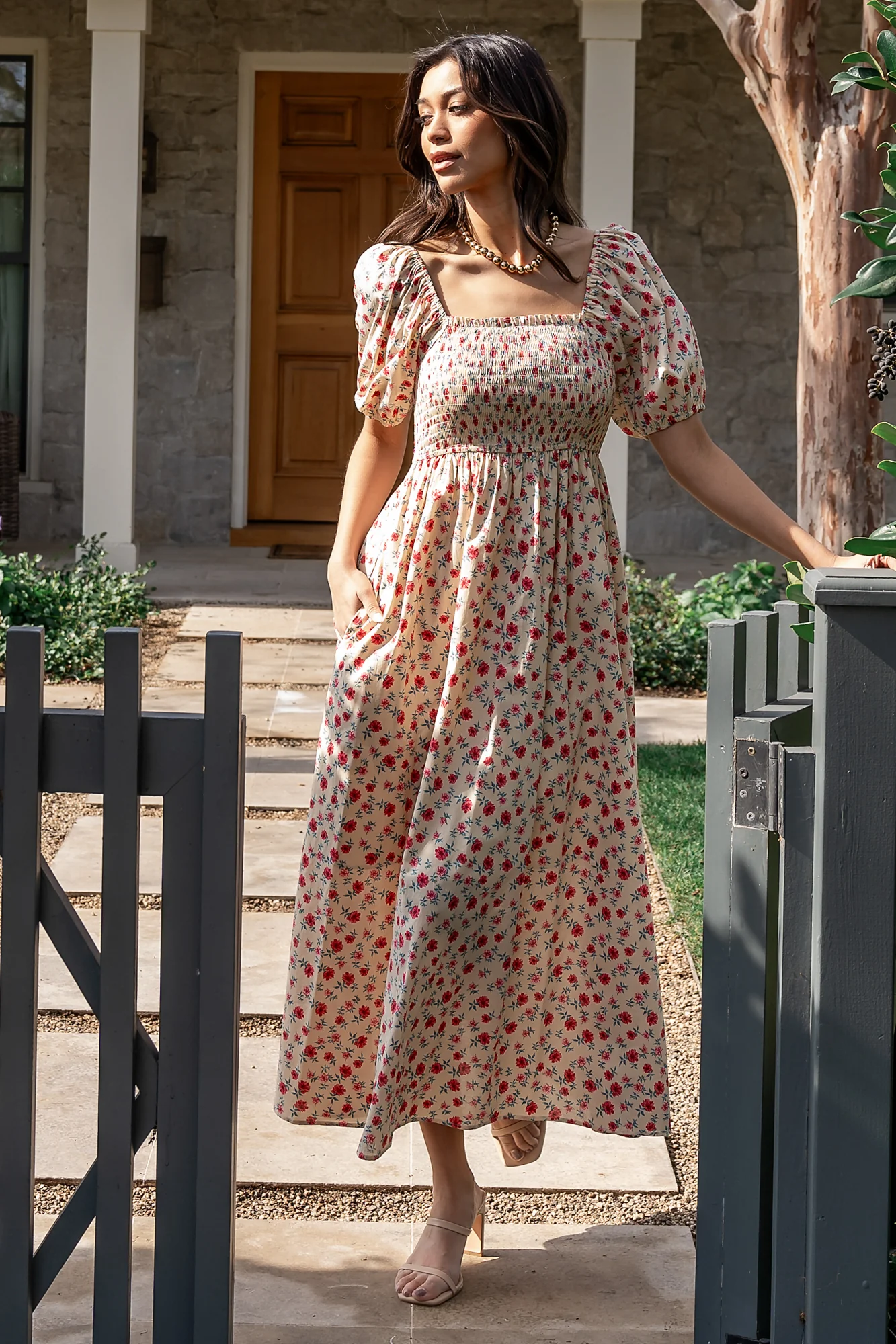 Haddie Smocked Midi Dress | Cream + Rose Floral