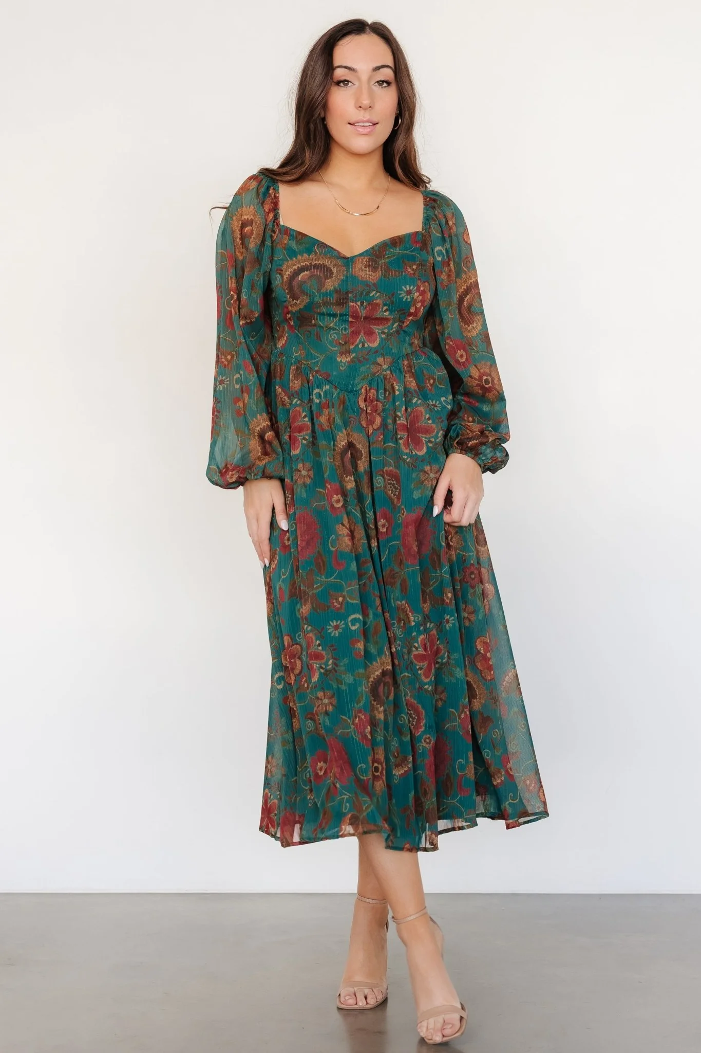 Babette Basque Waist Dress | Teal Multi Floral