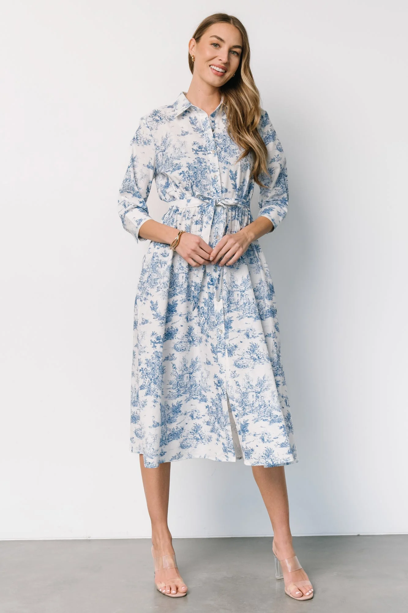 Chantelle Button Midi Dress | Off White + Blue Print
