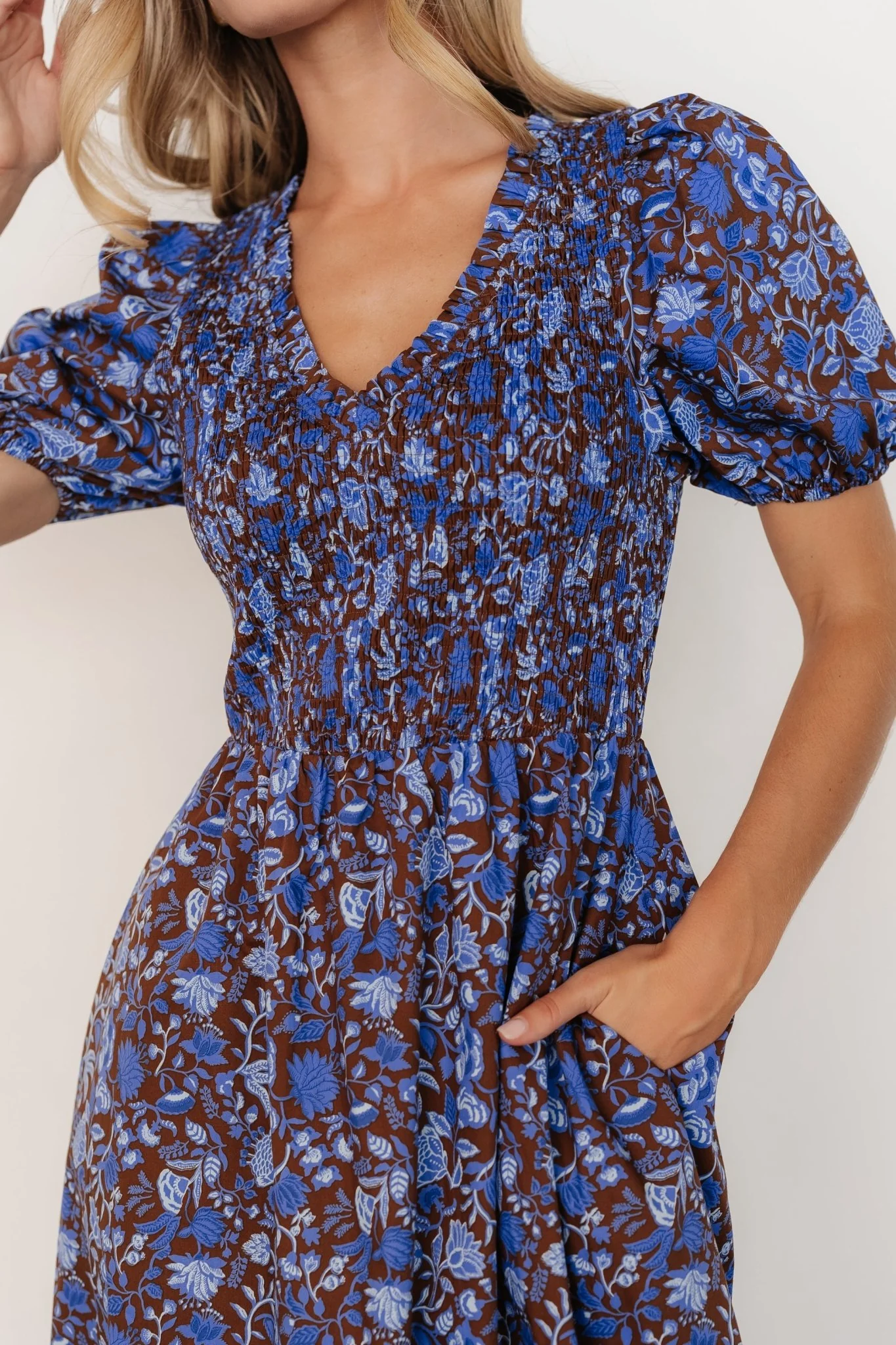 Stockton Smocked Dress | Brown + Blue Floral