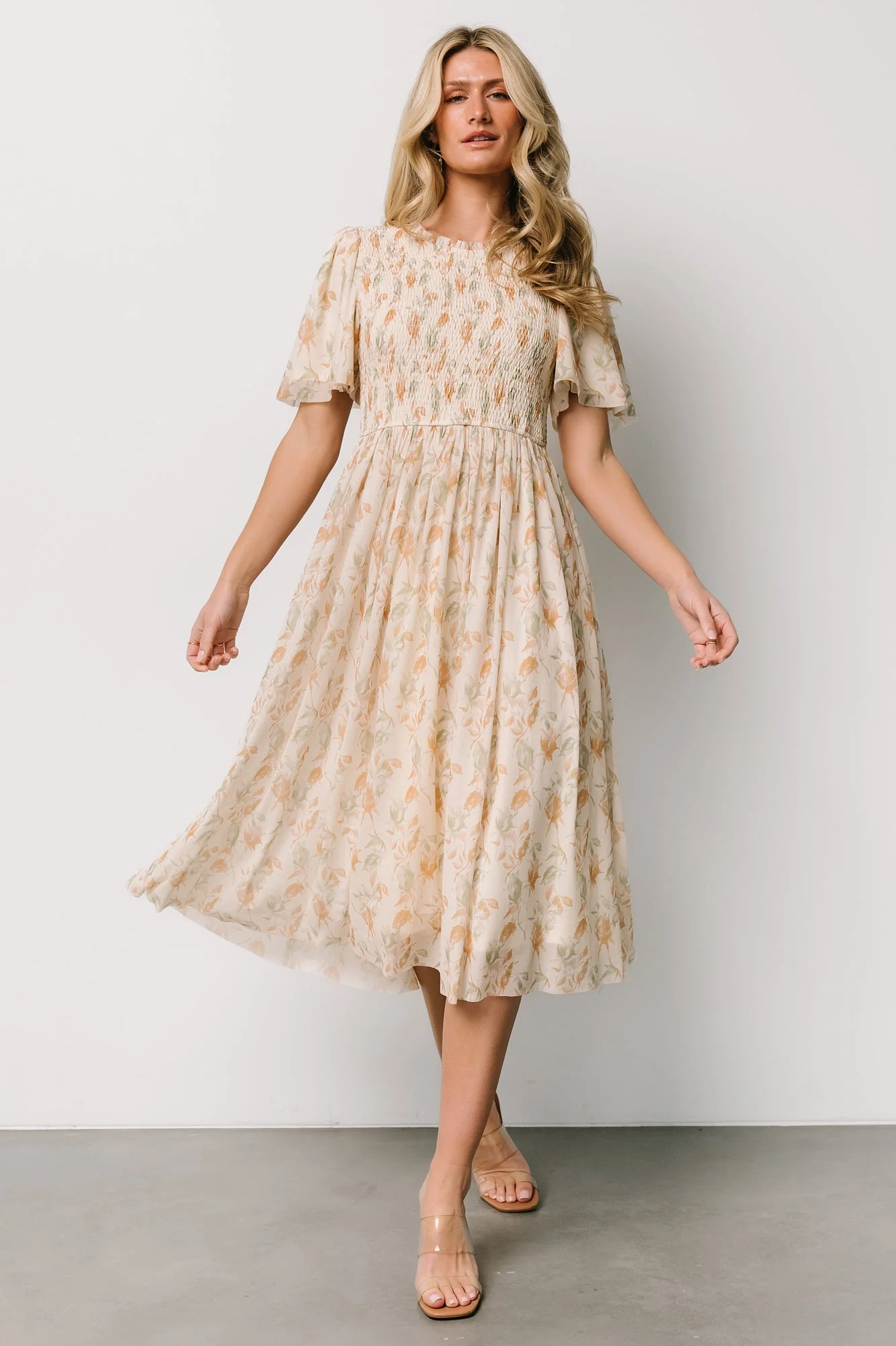 Bailey Smocked Midi Dress | Ivory + Golden Floral