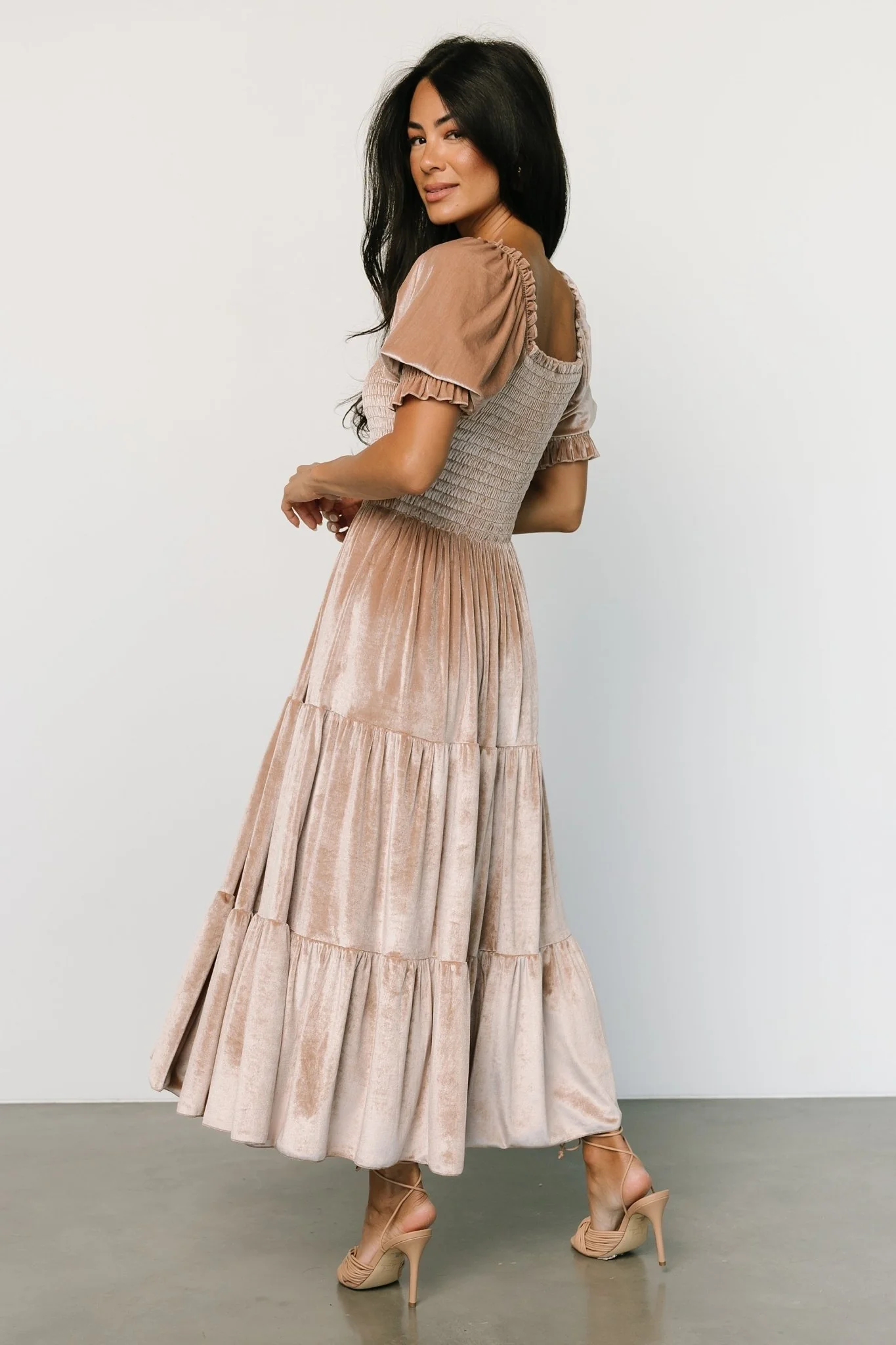 Vivaldi Smocked Velvet Midi Dress | Champagne