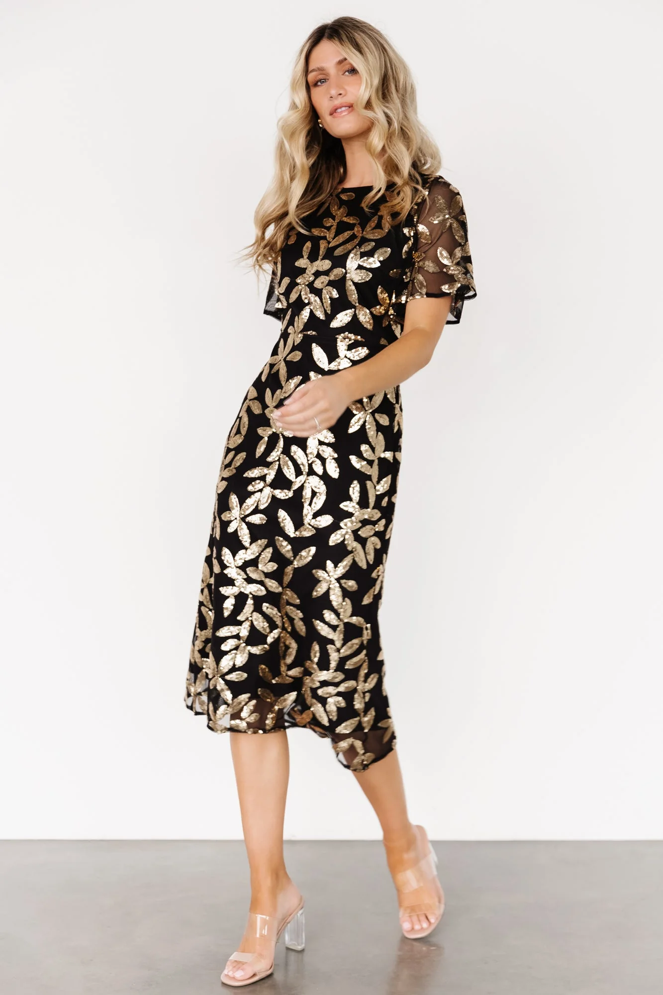 Deanna Sequin Midi Dress | Black + Gold