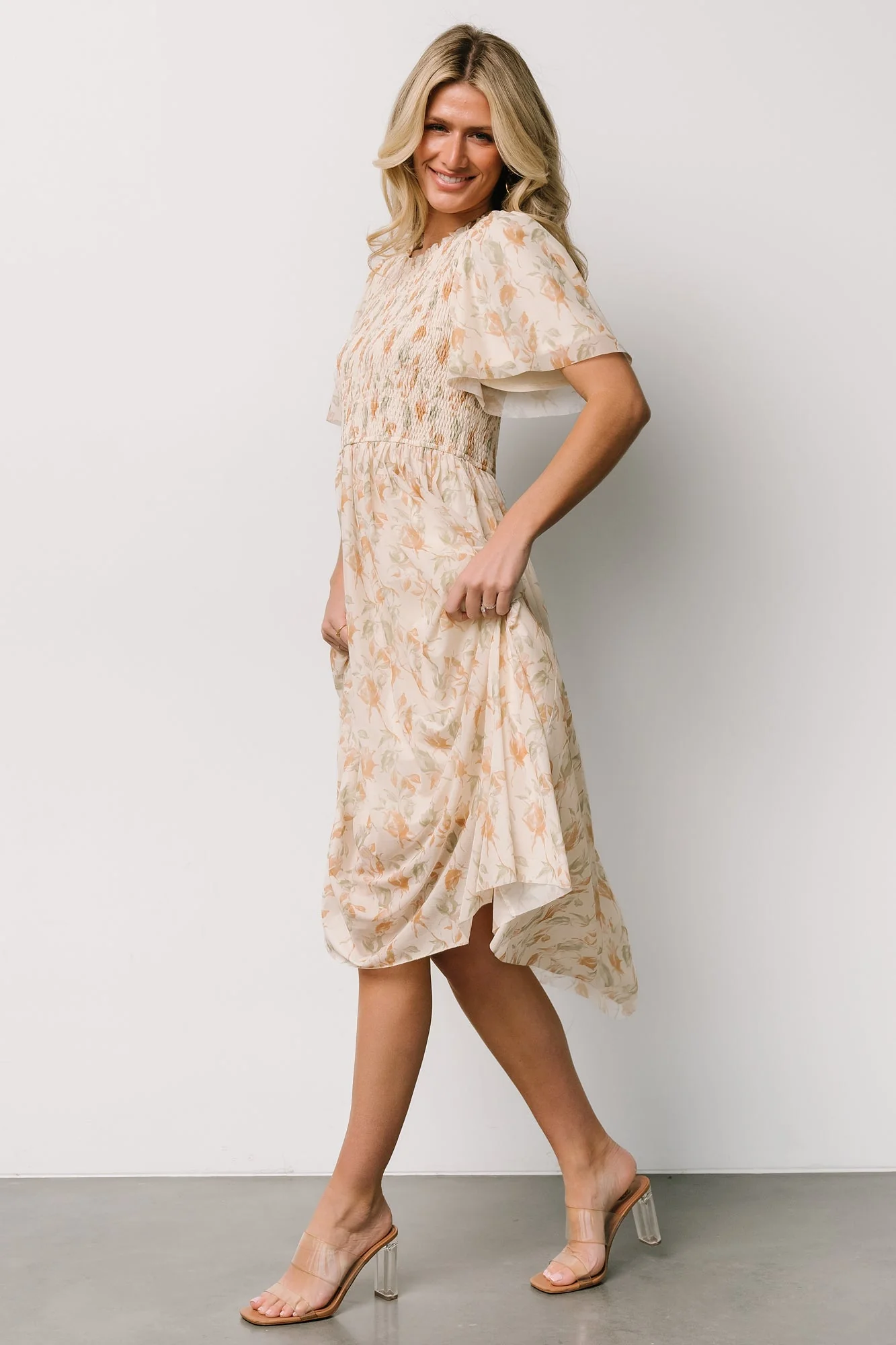 Bailey Smocked Midi Dress | Ivory + Golden Floral