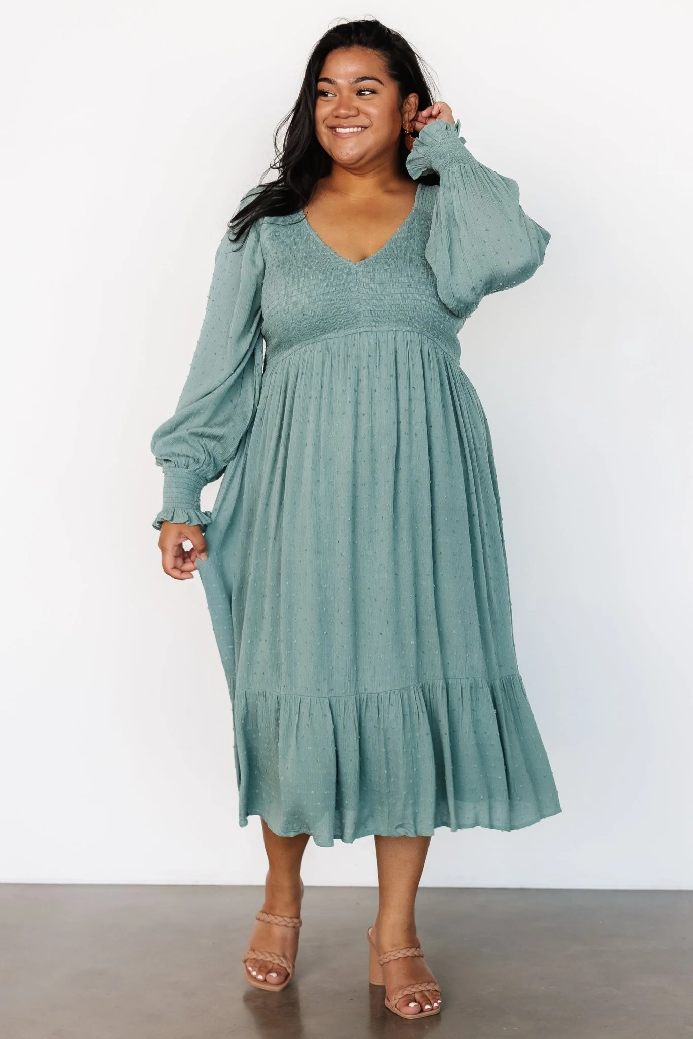 Lainey Smocked Dotted Midi Dress | Dark Sage