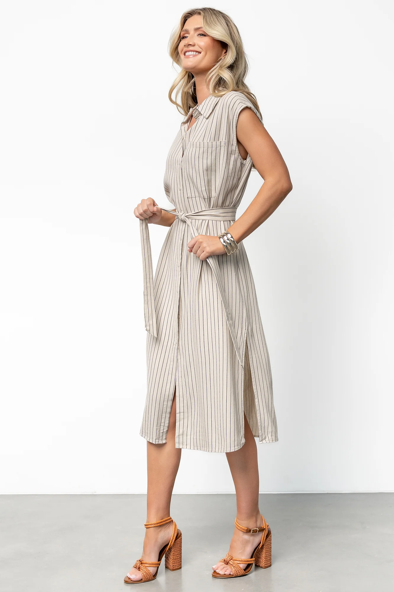 Toledo Button Up Midi Dress | Beige Stripe
