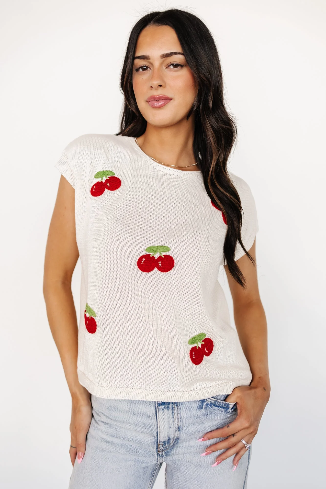 Lexie Knit Top | Cream + Cherry Applique