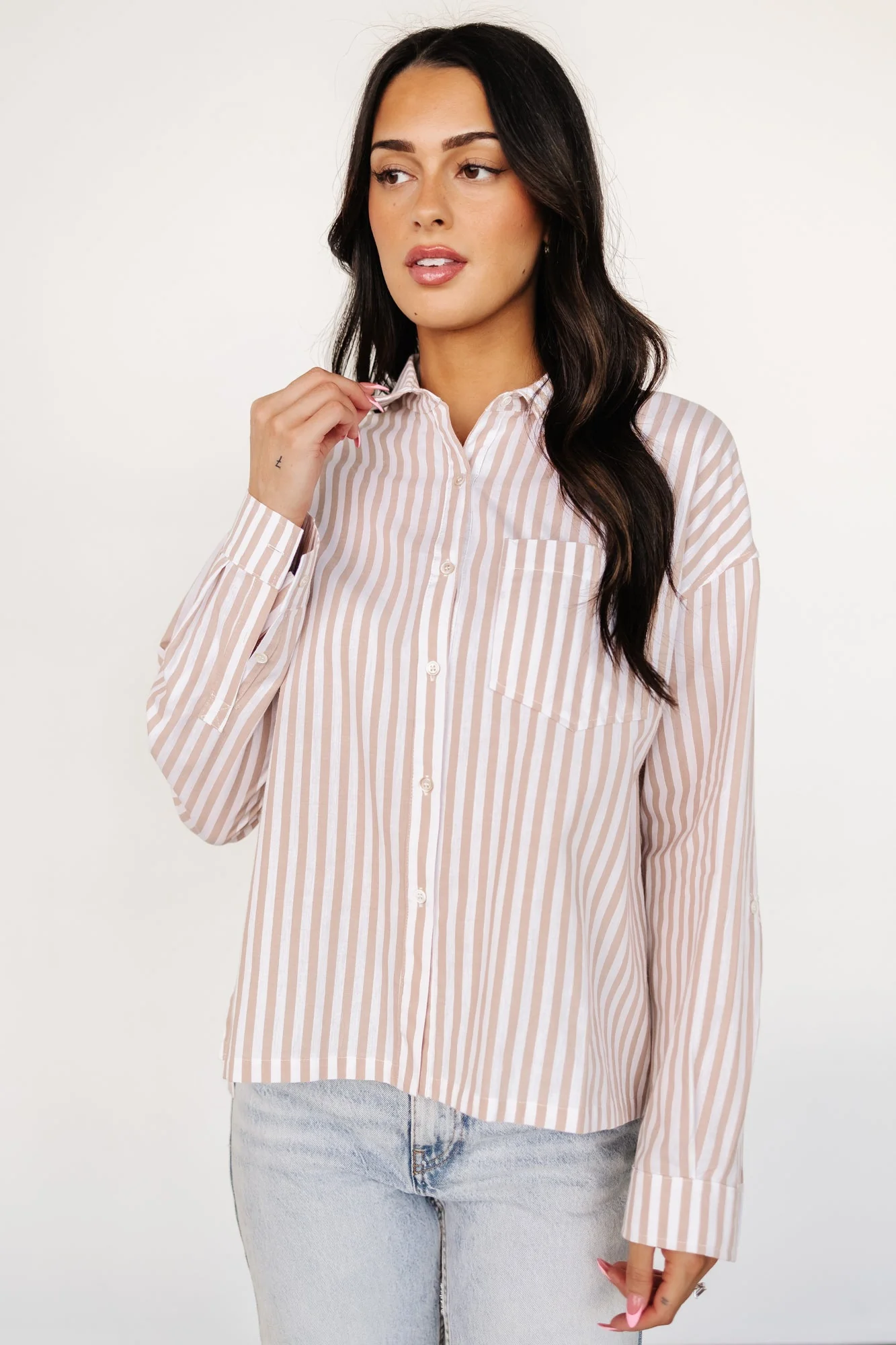Shasta Button Up Top | Beige Stripe