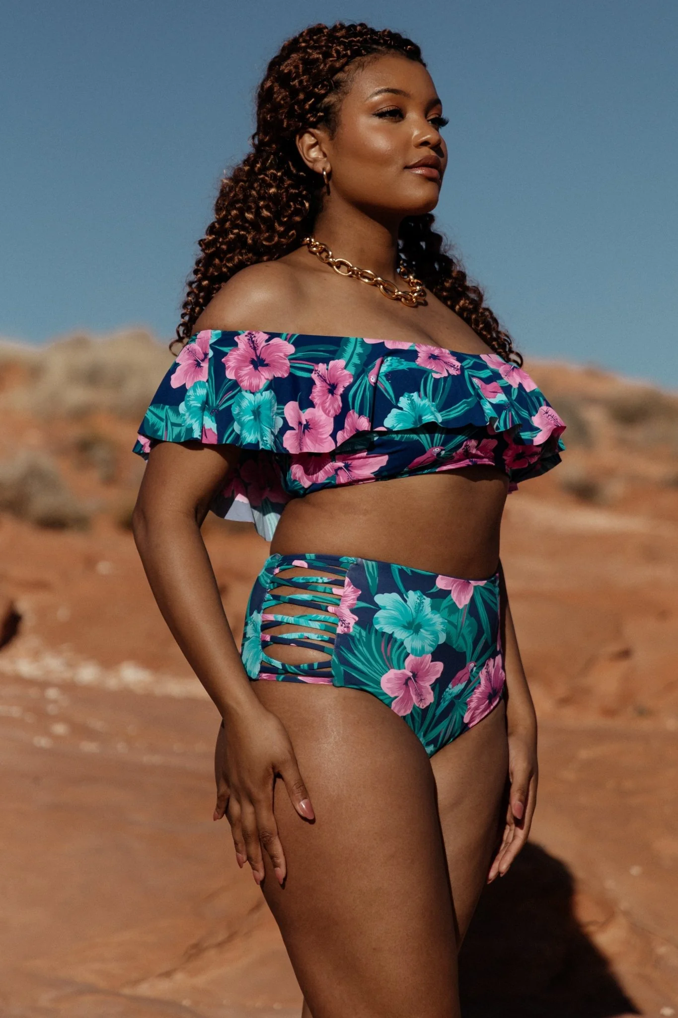 Keke High Waisted Bikini Bottom | Navy Tropical Floral