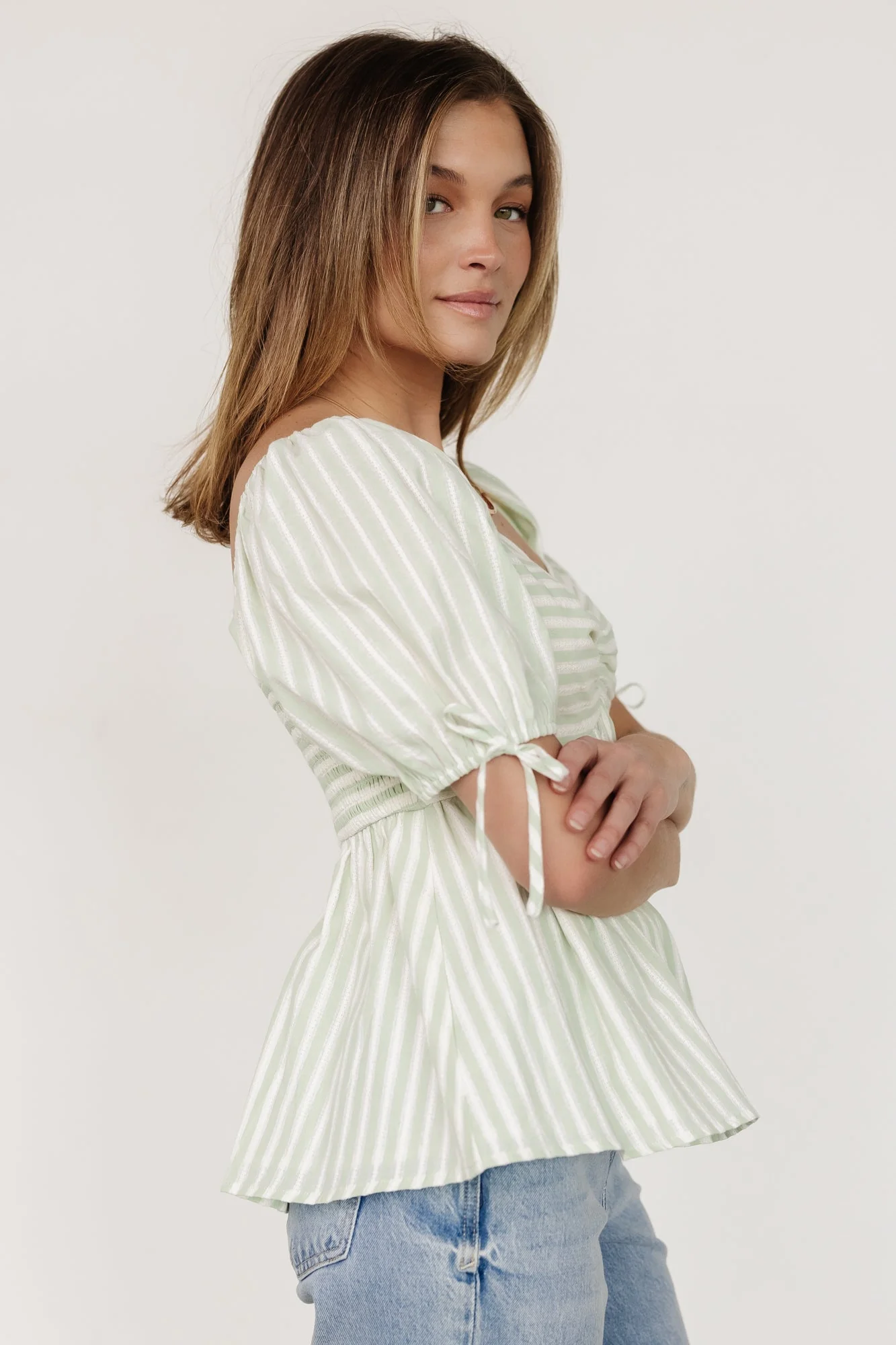 Betsy Peplum Top | Green+ White Stripe