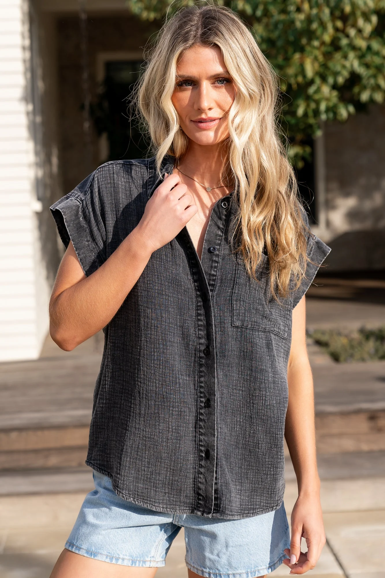 Jaye Button Top | Washed Black
